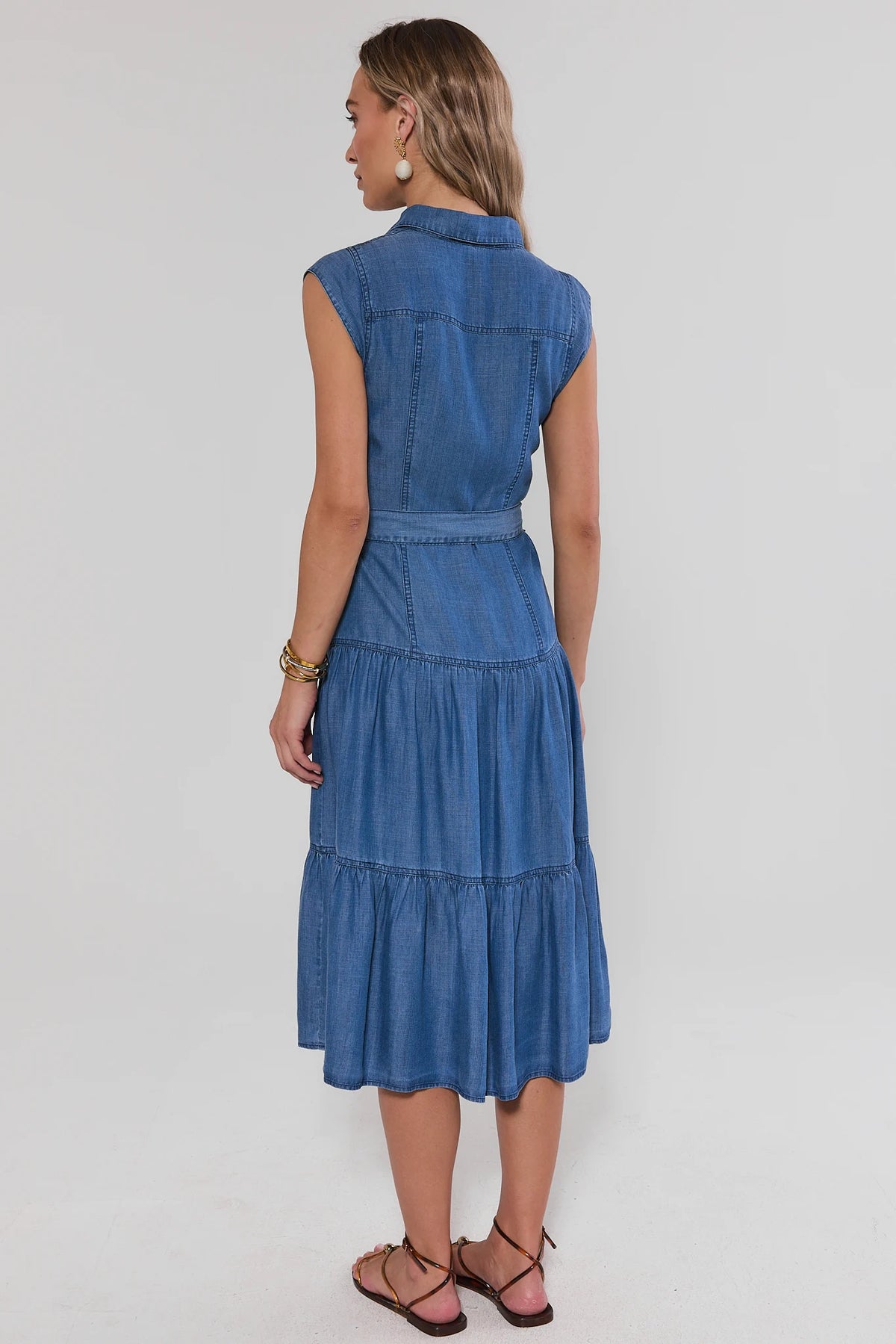 Nadine Chambray Midi Dress in blue - back view, tiered midi length and cap sleeves | Avara
