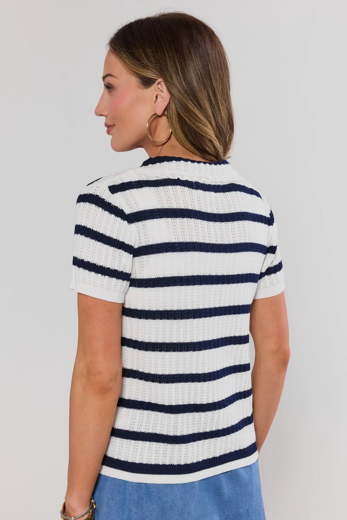 White Navy Striped Knit Top lightweight pointelle knit texture - Back View | Avara