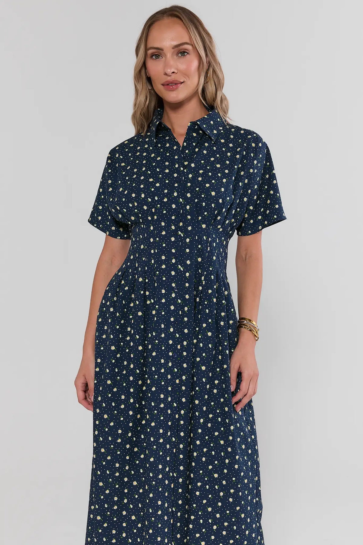 Navy Daisy Floral Button-Up Maxi Dress - Front Cropped View | Avara