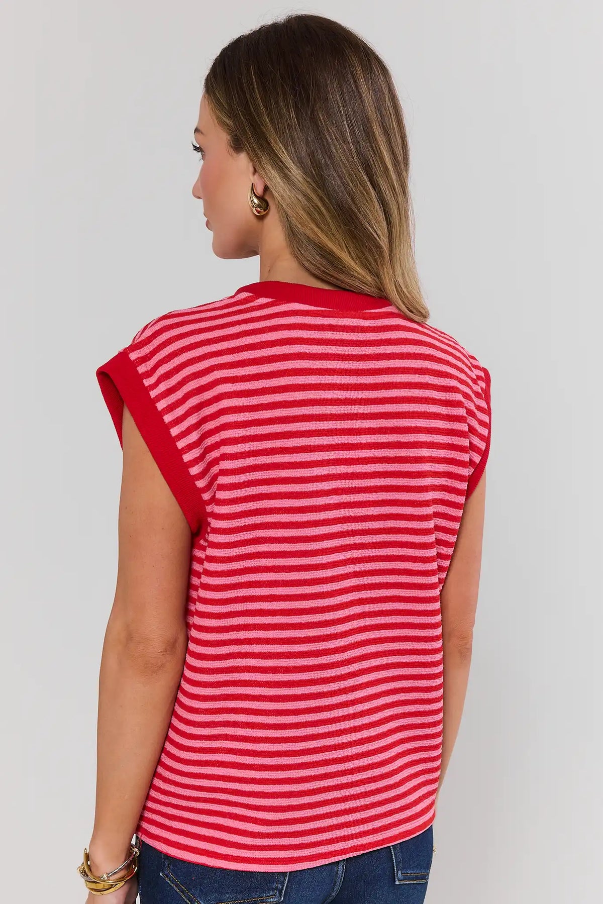 Pink & Red Striped Terry Cloth Cap Sleeve Top - Back View On Model | Avara