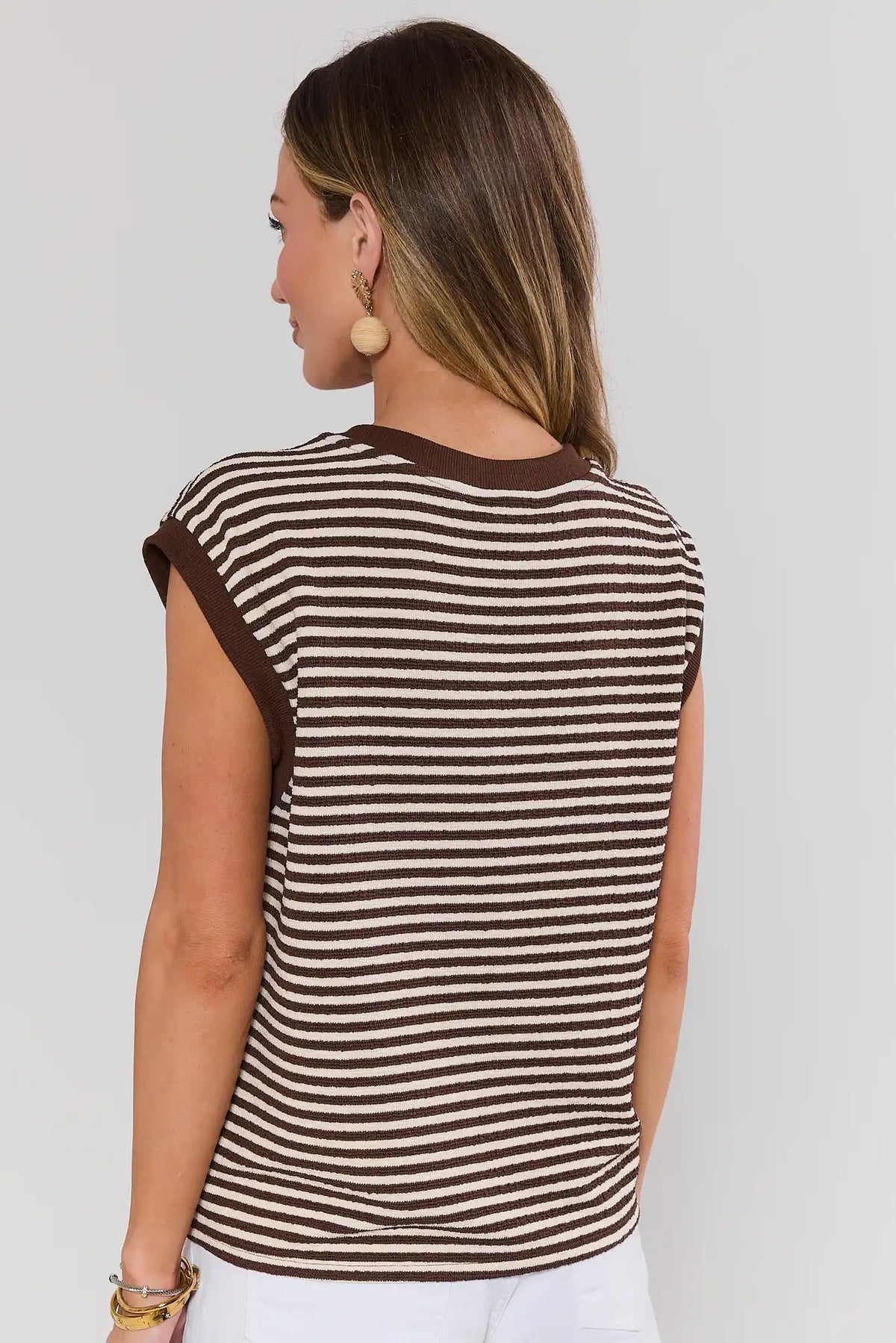 Brown striped terry cloth cap sleeve top, back view showing relaxed silhouette and crew neckline | Avara
