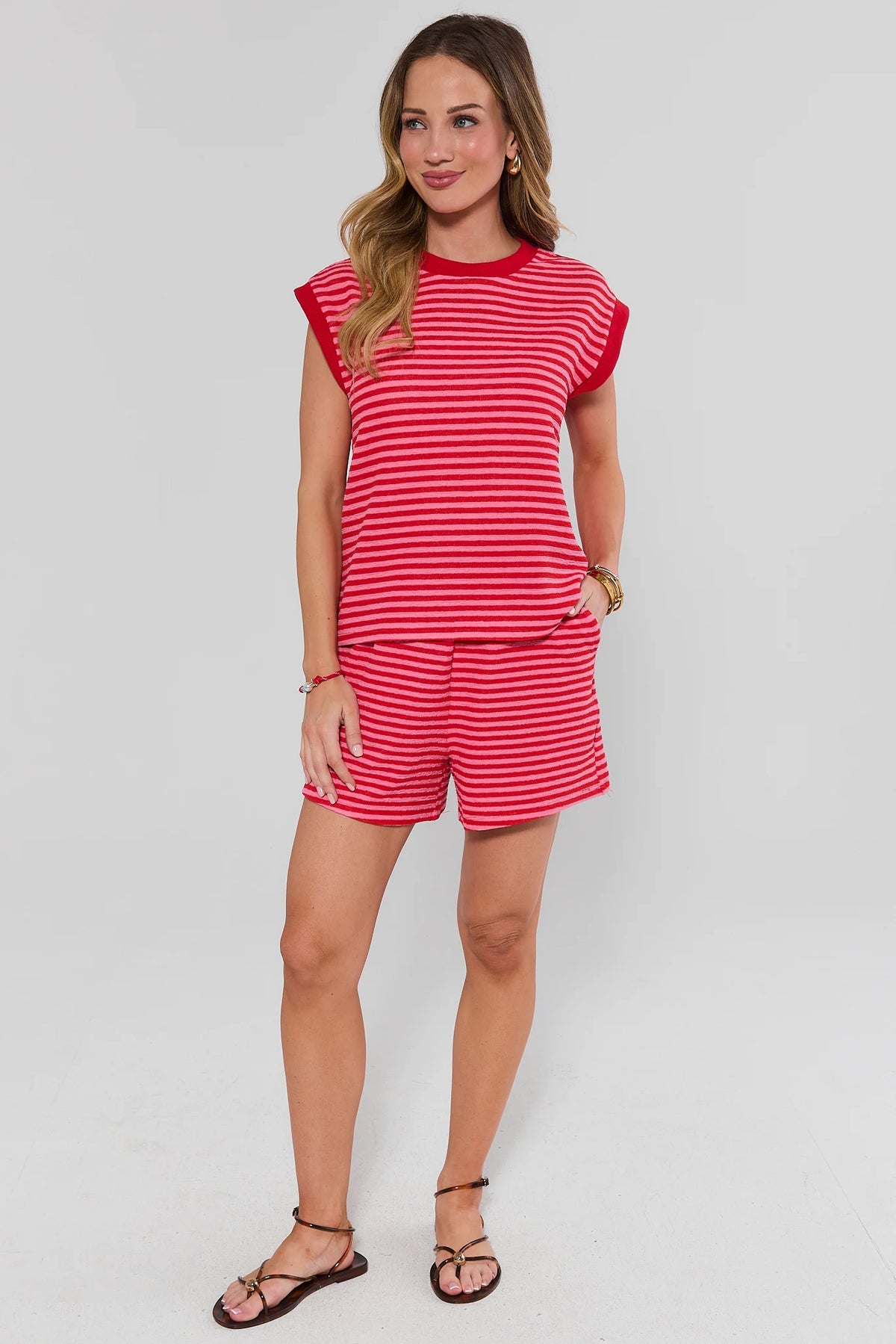 Pink & Red Striped Terry Cloth Shorts - Full Look Styled with Matching Top | Avara