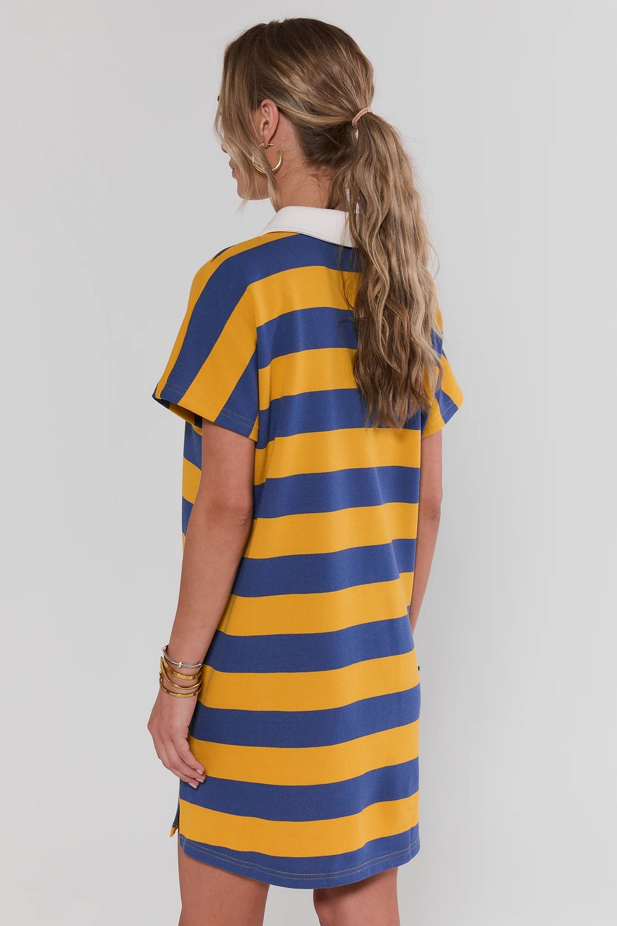 Women's Yellow Striped Polo Dress white collar mini length - Back View | Avara