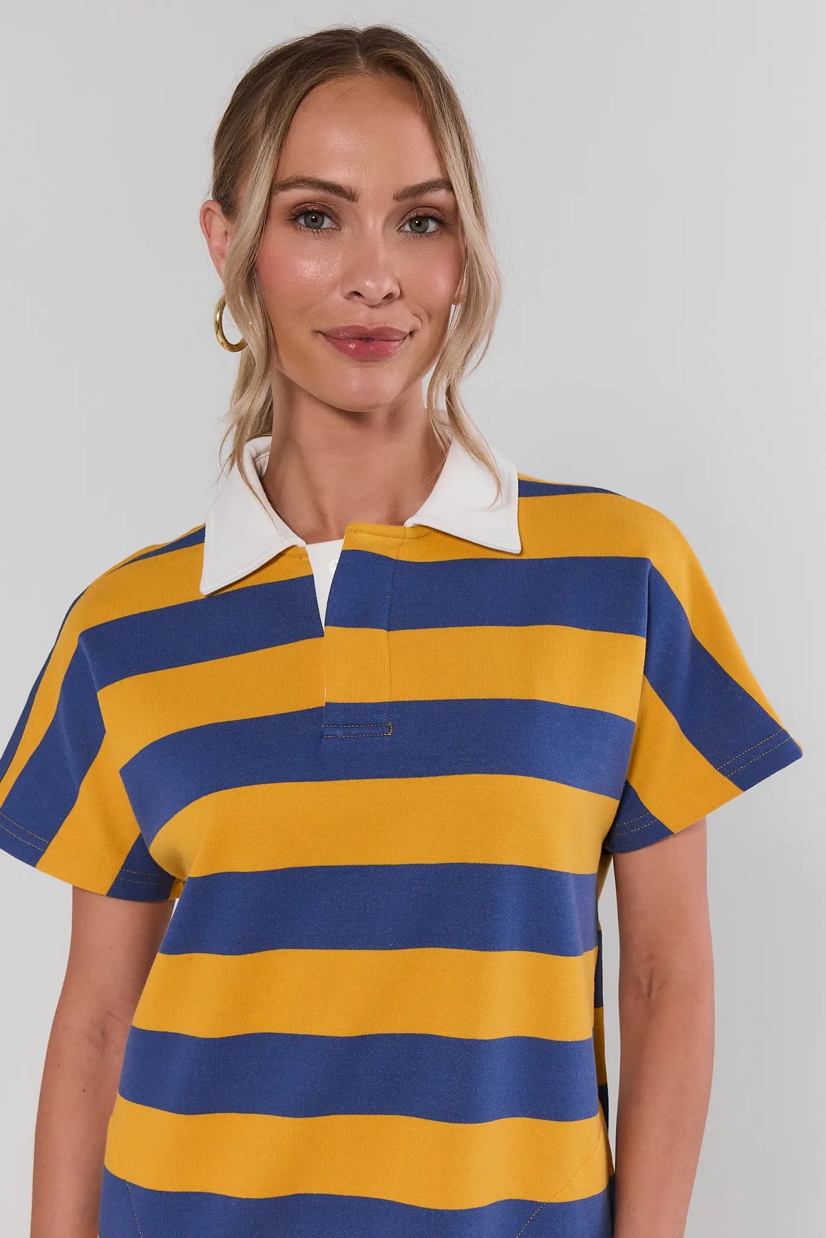 Yellow Striped Polo Dress white contrast collar close-up - Collar & Stripe Detail | Avara