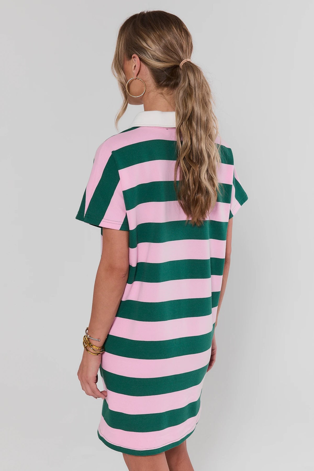 Pink and Green Striped Polo Dress - Back View, Shift Silhouette On Model | Avara