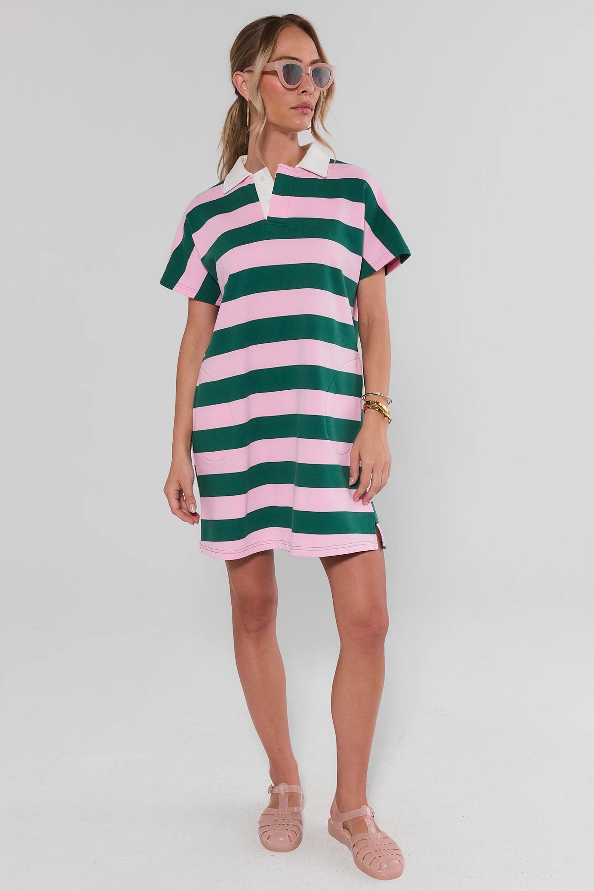 Pink and Green Striped Polo Dress - Full Length Styled Look with Sandals | Avara
