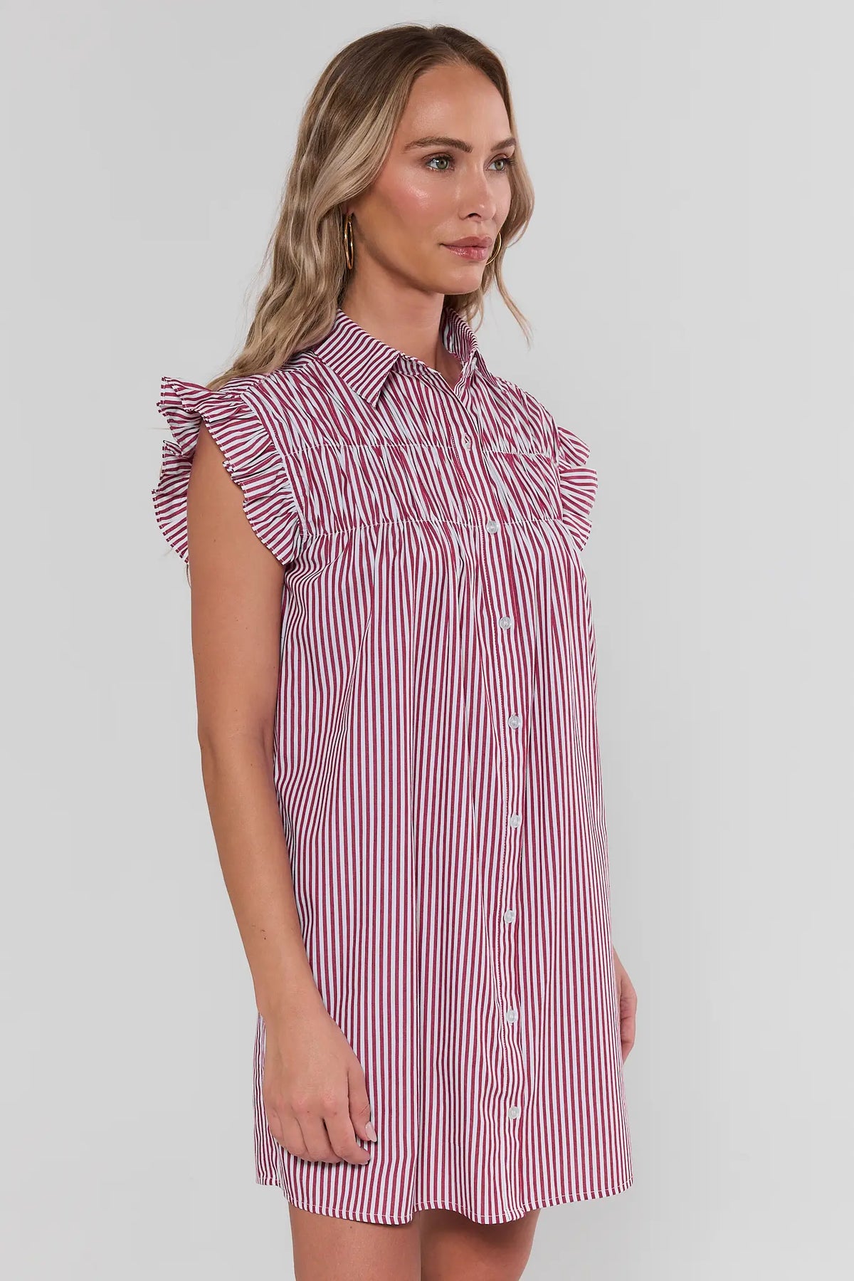 Neacie Red Striped Short Dress - Side Profile, Ruffle Sleeves & Shift Silhouette for Women | Avara