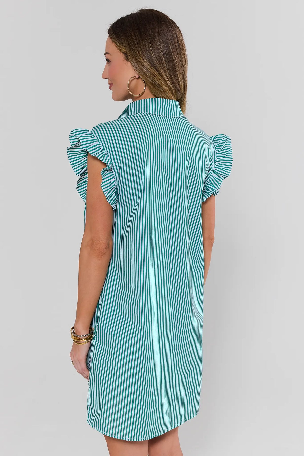 Neacie Green Striped Short Dress showing ruffle sleeve and back shift silhouette detail - Back View | Avara