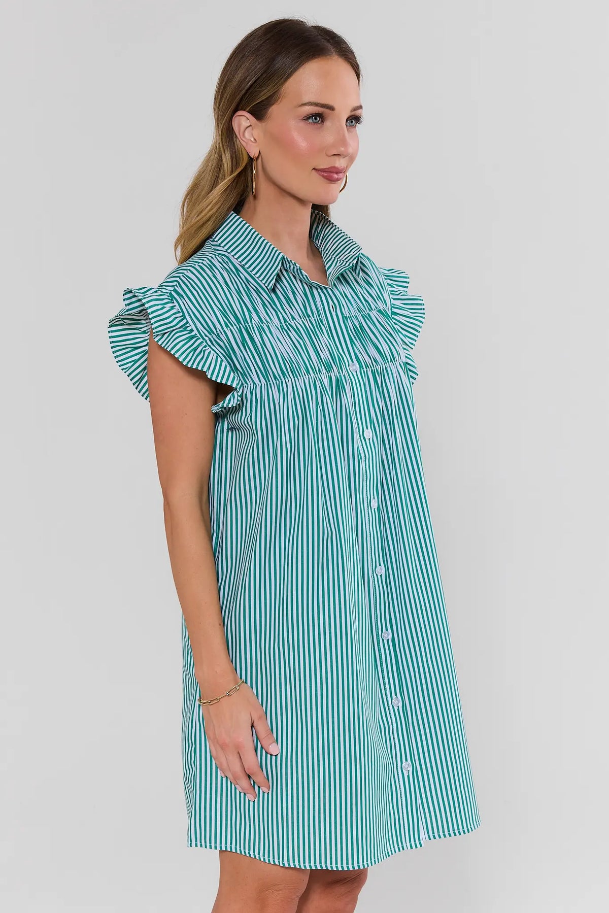 Neacie Green Striped Short Dress with ruffle flutter sleeves - Side Profile View | Avara