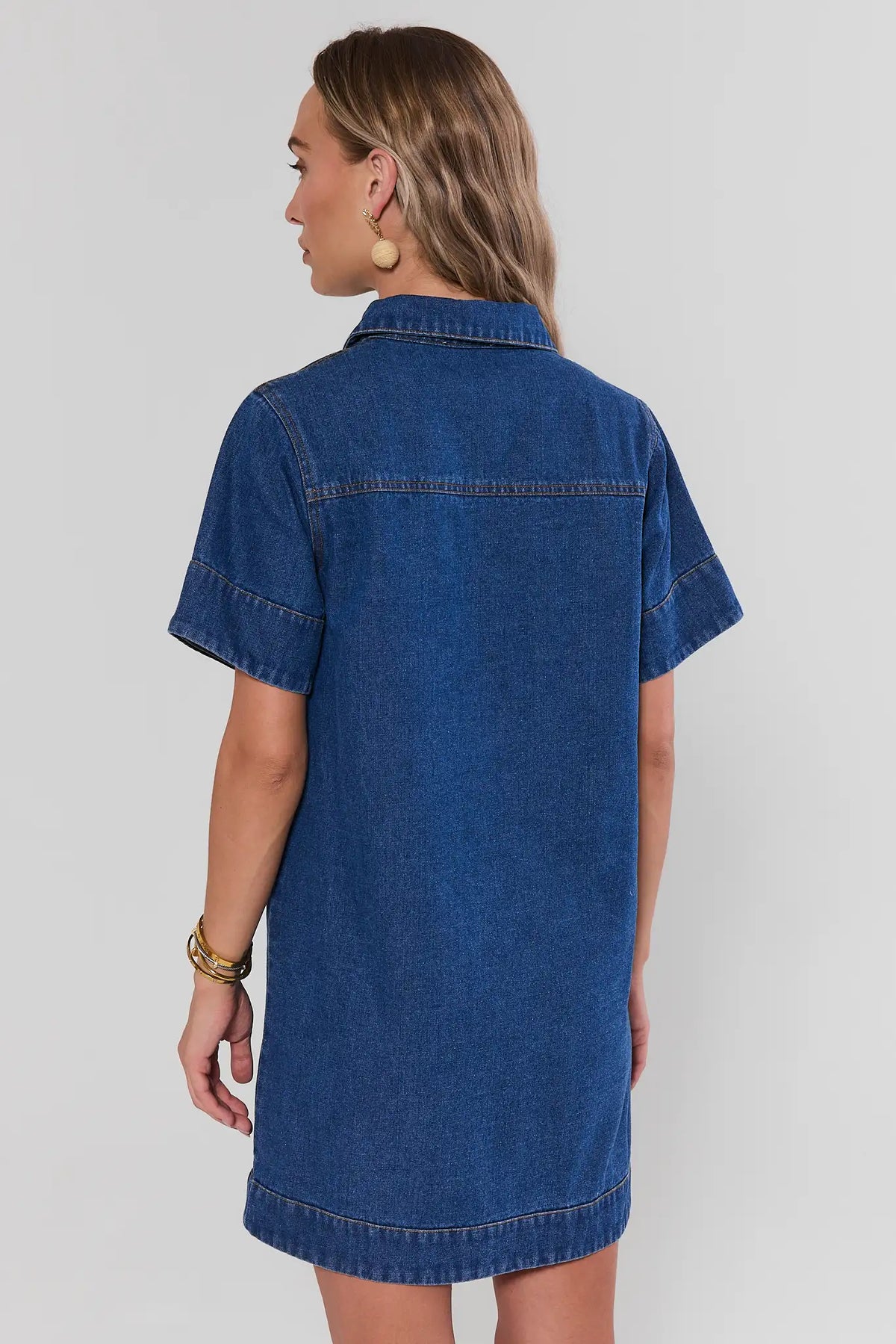 Medium Wash Denim Short Dress, contrast stitching back yoke detail - Back View | Avara