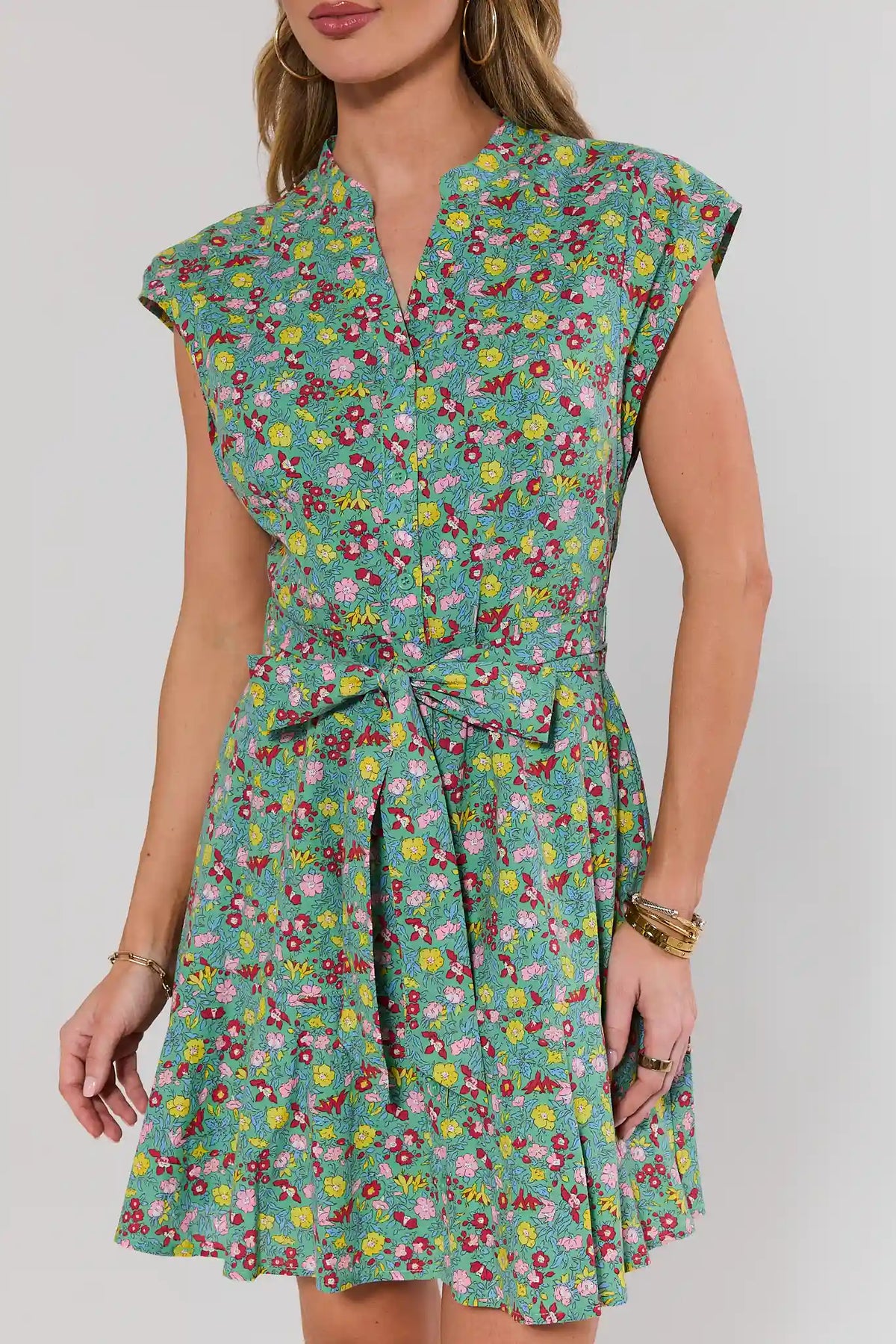 Erica Green Floral Short Dress allover print with self-tie waist detail - Close-Up | Avara