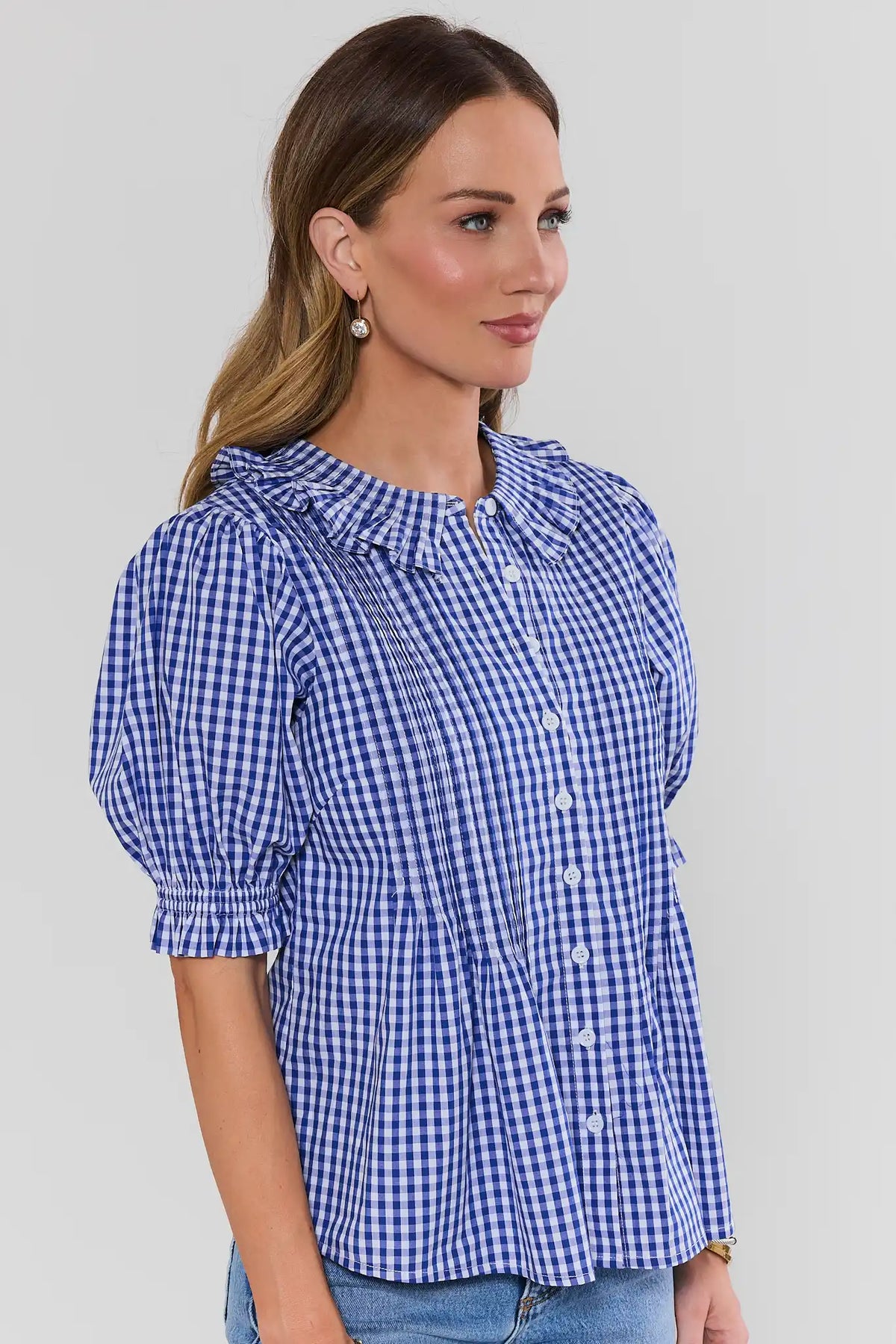 Madison Blue Gingham Button Up Top showing ruffle collar back detail - Side Profile | Avara