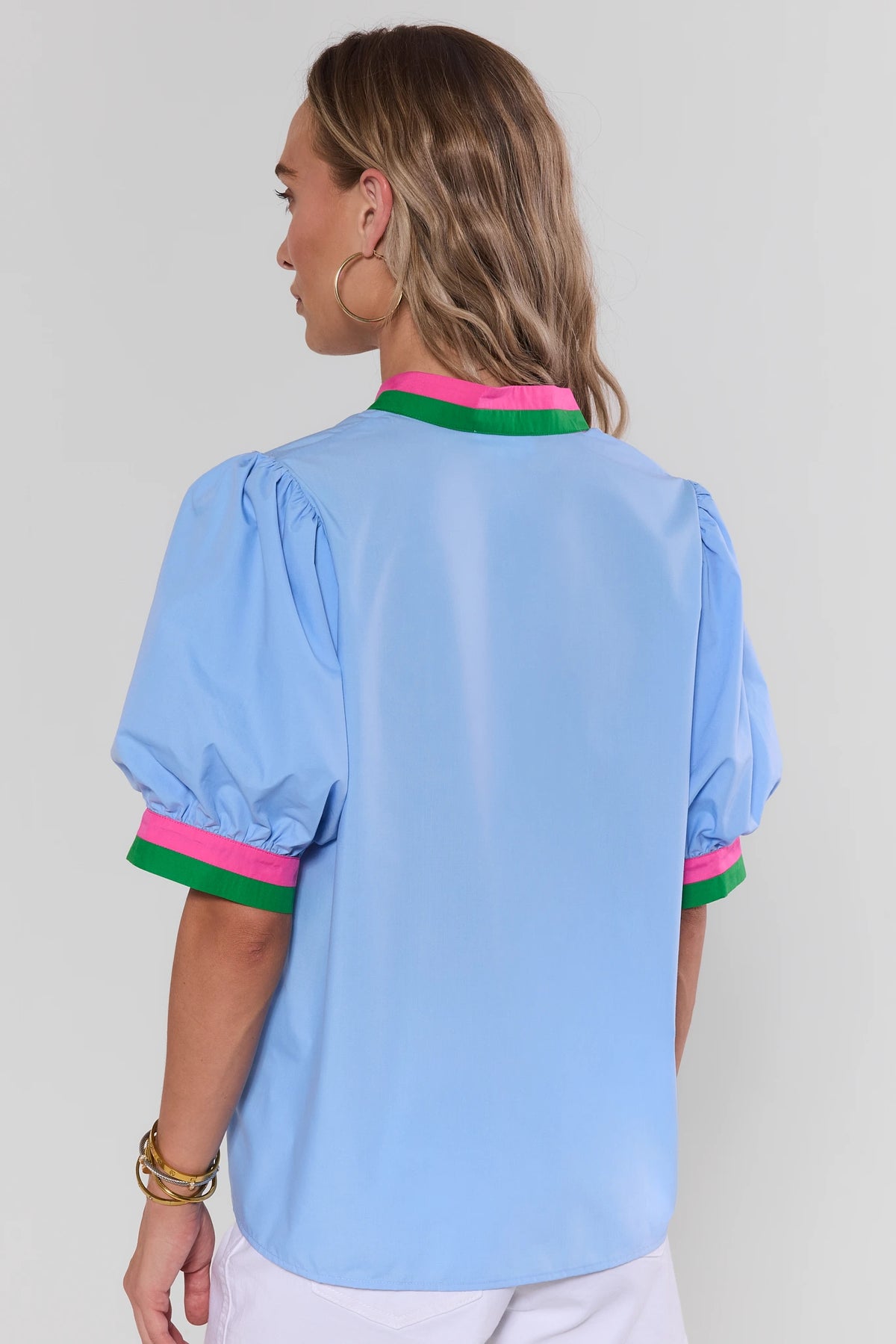 Adelaide Blue Contrast Trim Puff Sleeve Top back view with pink and green striped cuffs and collar | Avara