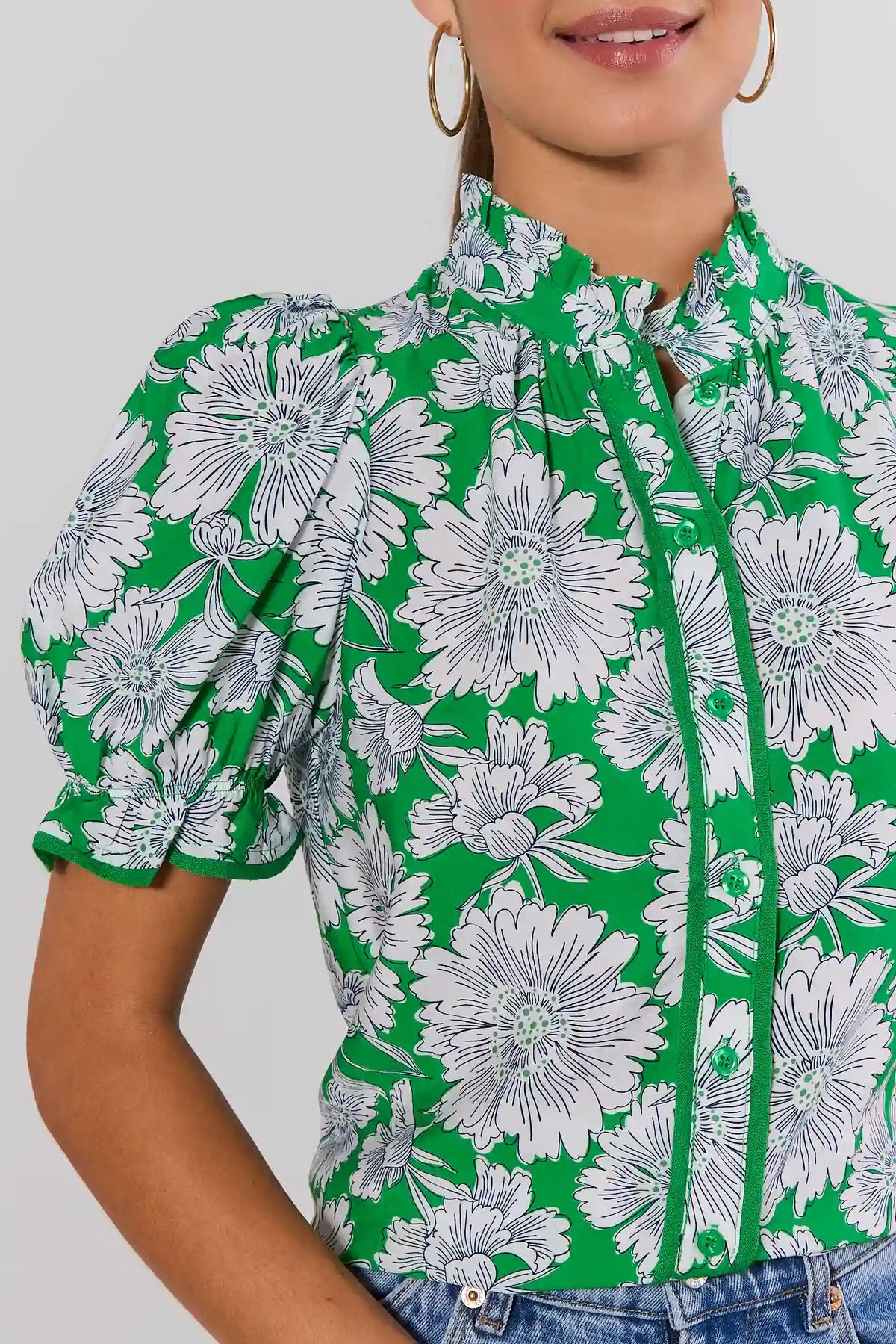 Naomi Green Floral Puff Sleeve Top close-up showing button placket, ruffle neckline, and mixed floral print | Avara
