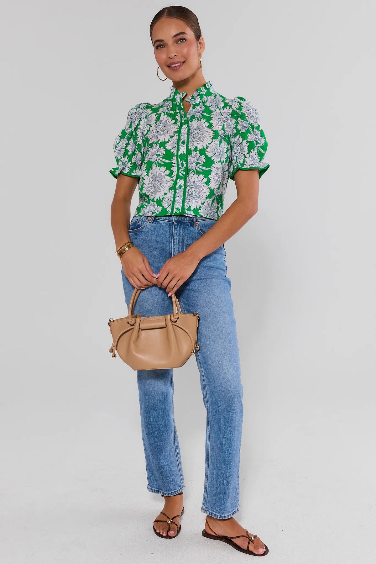 Naomi Green Floral Button-Up Top styled with blue jeans and tan bag - Full Length Styled Look | Avara