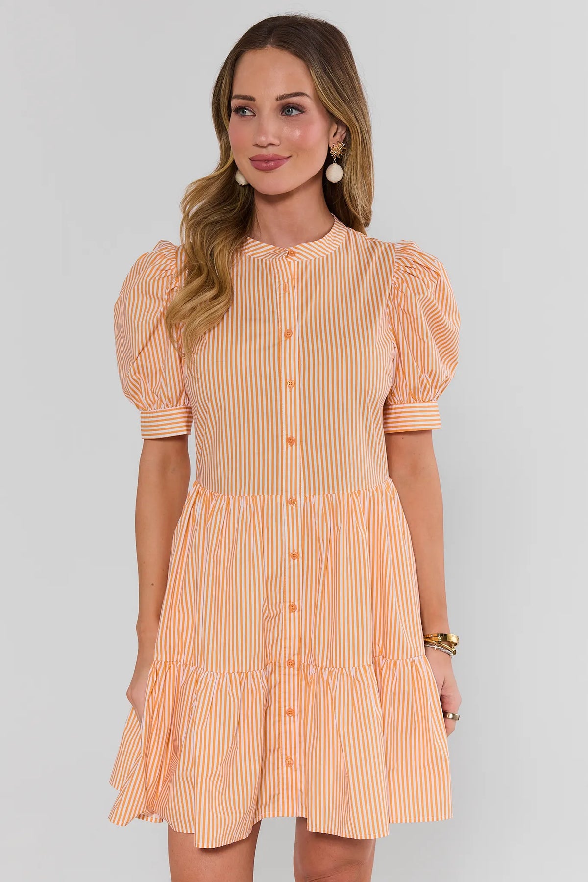 Martha Orange Striped Mini Dress - Full Front View, Tiered Skirt with Puff Sleeves | Avara