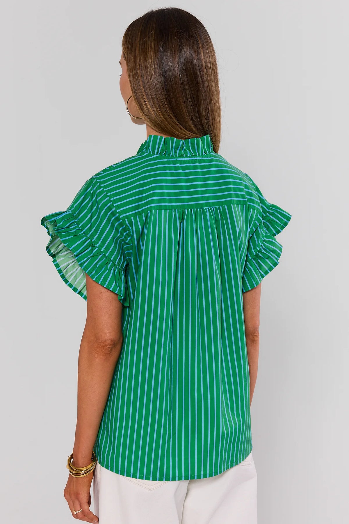 Green Striped Ruffle Trim Top with flutter sleeves and ruffle collar - Back View | Avara