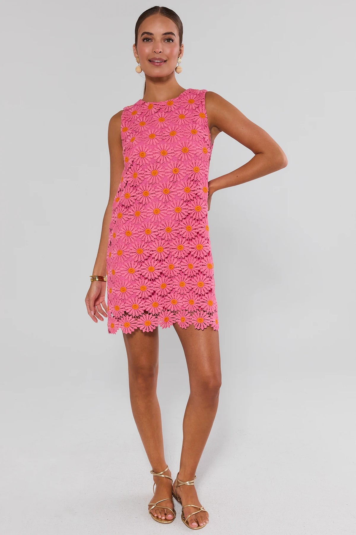Pink floral overlay short dress styled with gold sandals, full-length front view on model | Avara