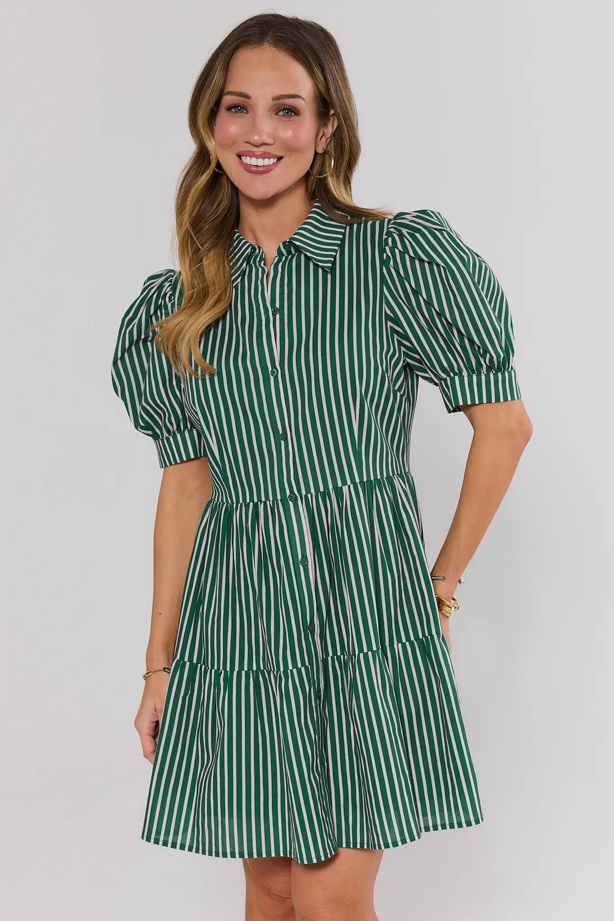 Green Contrast Stripe Short Dress with tiered skirt, puff sleeves, on model - Front View | Avara
