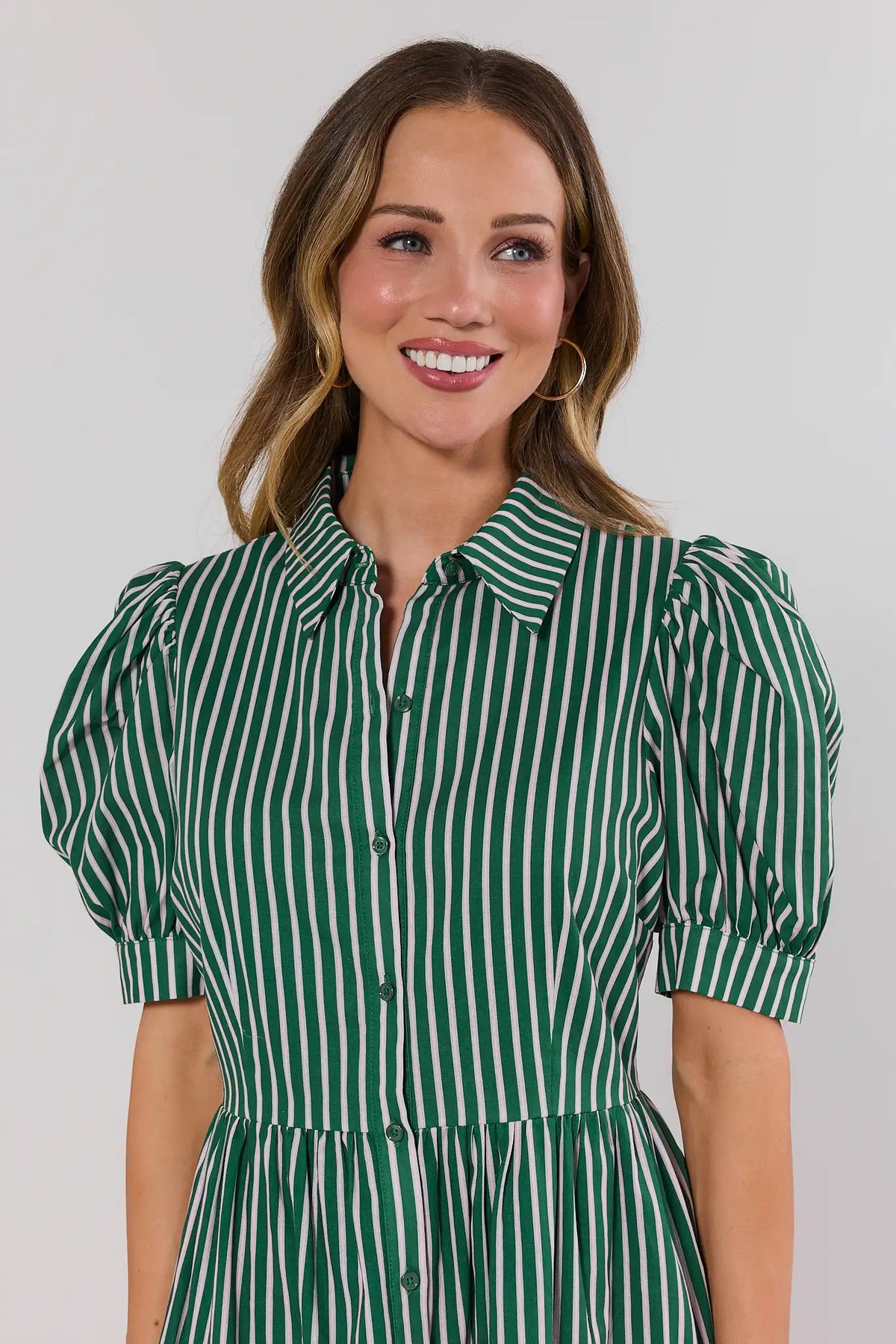 Green Contrast Stripe Short Dress puff sleeve and button-front collar close-up detail | Avara