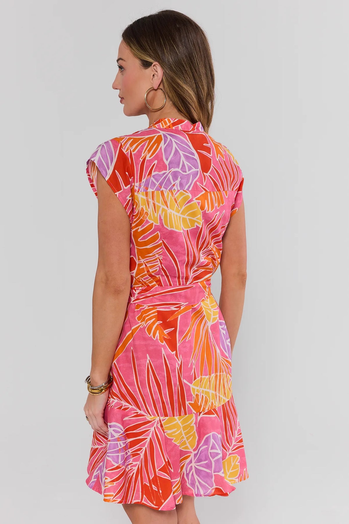 Erica Pink Palm Print Short Dress - Back View, Ruffle Hem & Cap Sleeve Detail | Avara