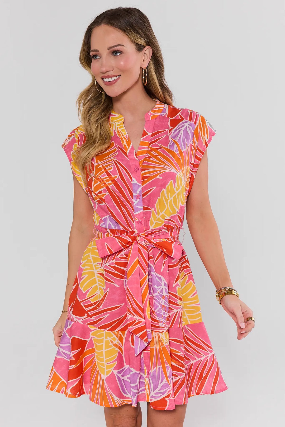 Erica Pink Palm Print Short Dress - Front View, A-Line Silhouette with Tie Waist | Avara