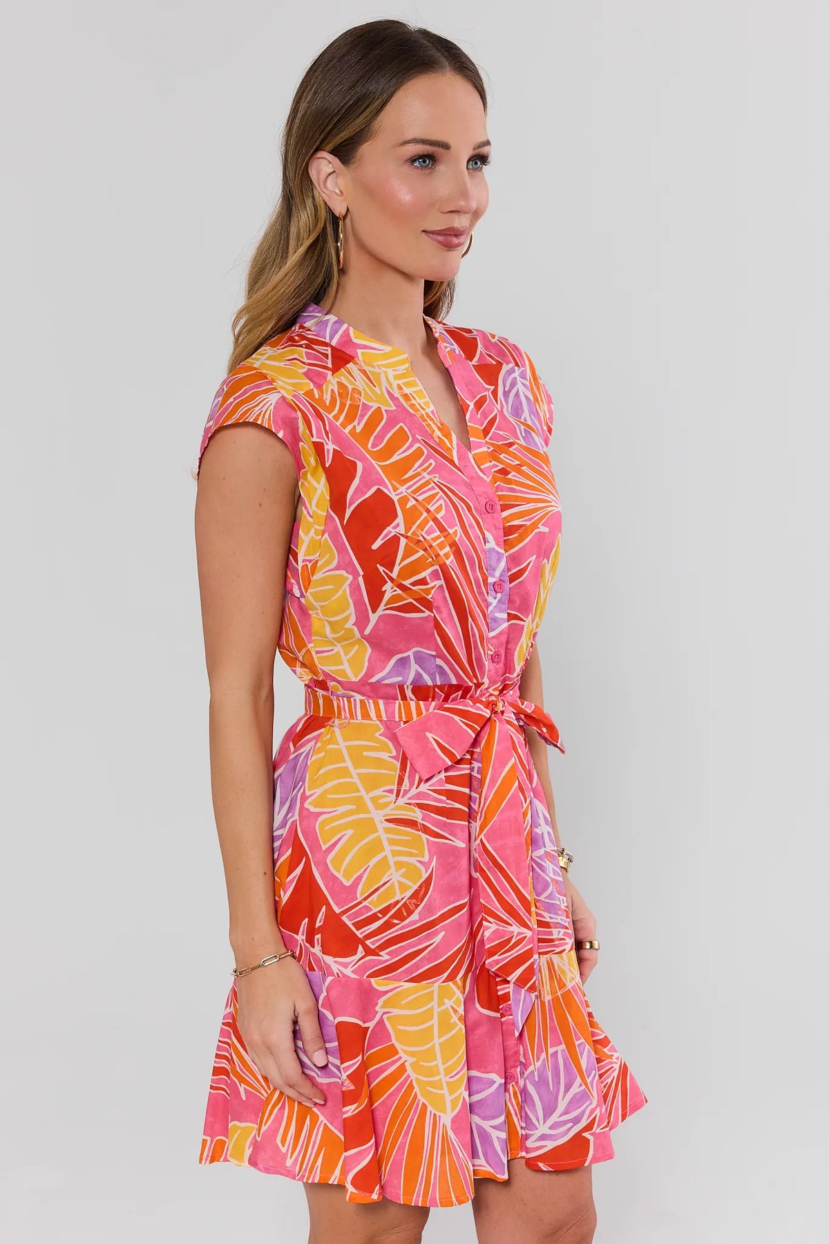 Erica Pink Palm Print Short Dress - Side Profile View, Tropical A-Line Dress | Avara