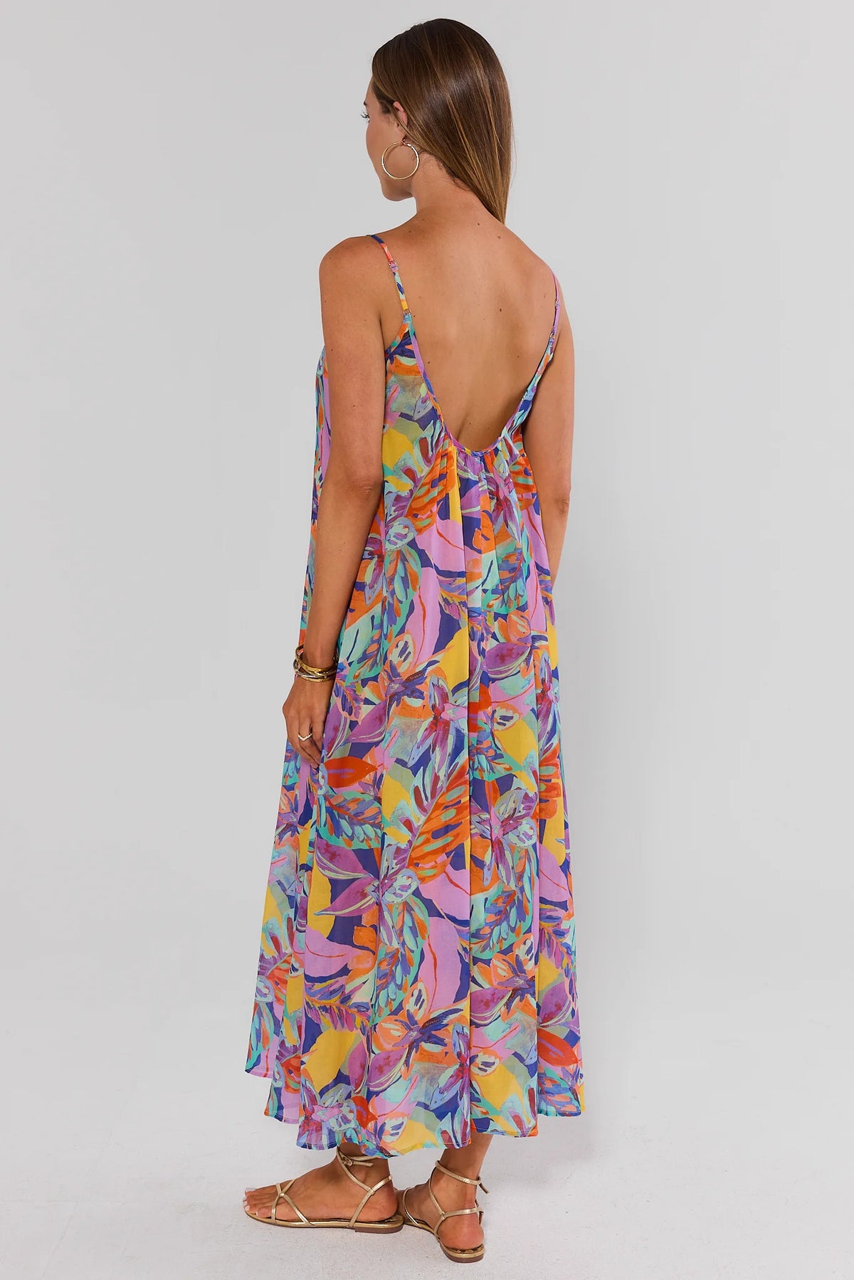 Multi Printed Midi Dress full back view showing open low back and flowy maxi hem, tropical vacation dress | Avara