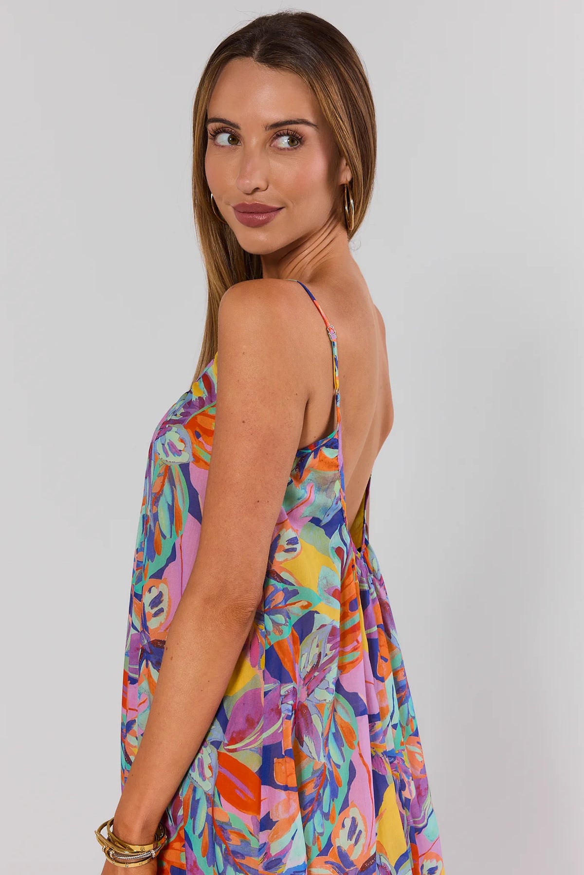 Multi Printed Midi Dress open low back detail side profile, colorful flowy tropical print midi dress for women | Avara