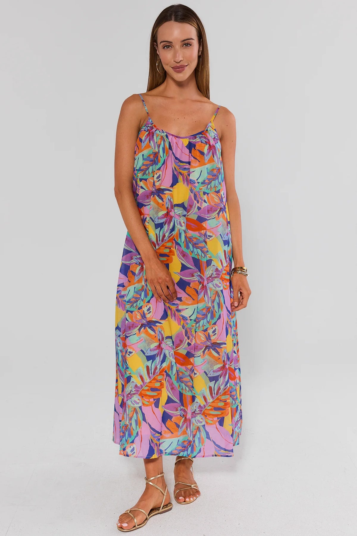 Tropical Multi Printed Midi Dress flowy shift silhouette front view on model, midi vacation dress for women | Avara