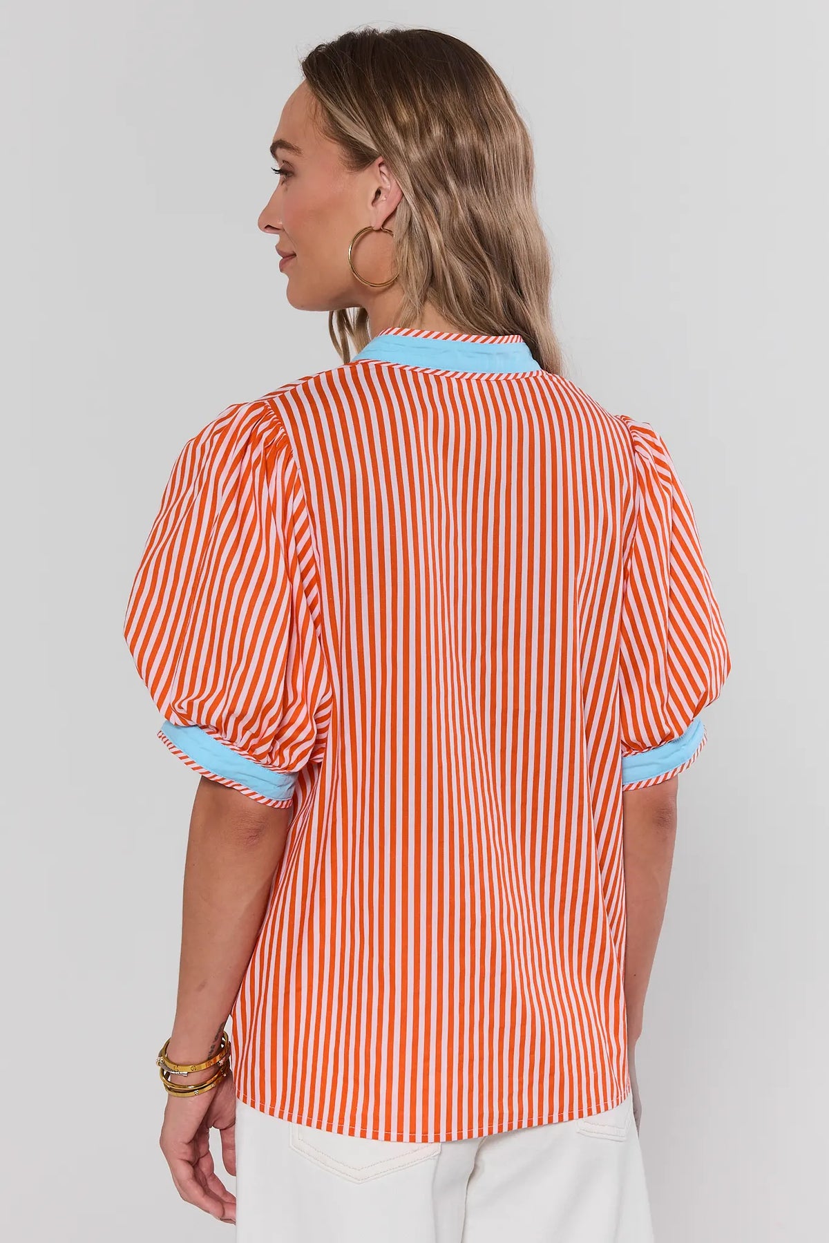 Maisie Orange Stripe Contrast Trim Top puff sleeve and aqua cuff detail - Back View | Avara