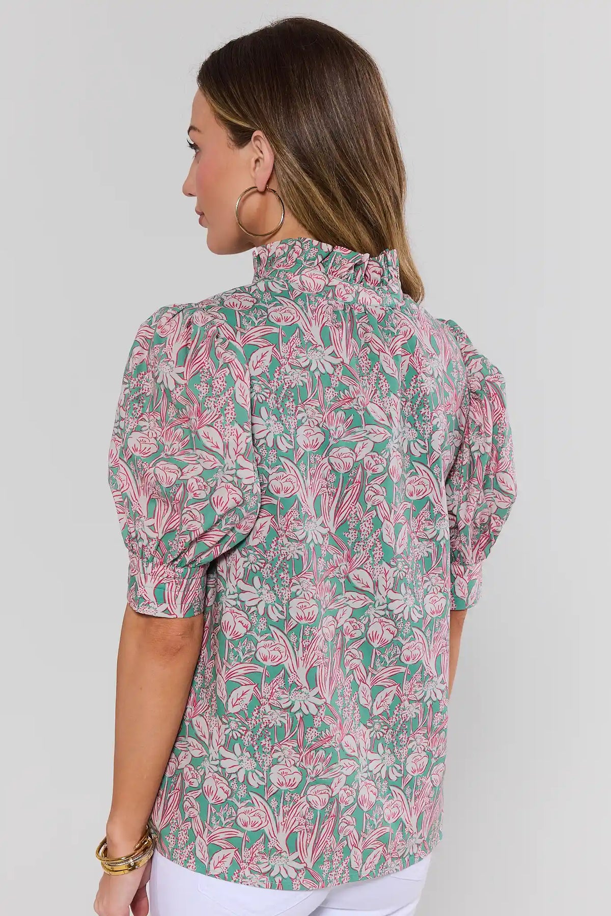 Green floral puff sleeve women's top showing ruffle collar back detail - Back View | Avara
