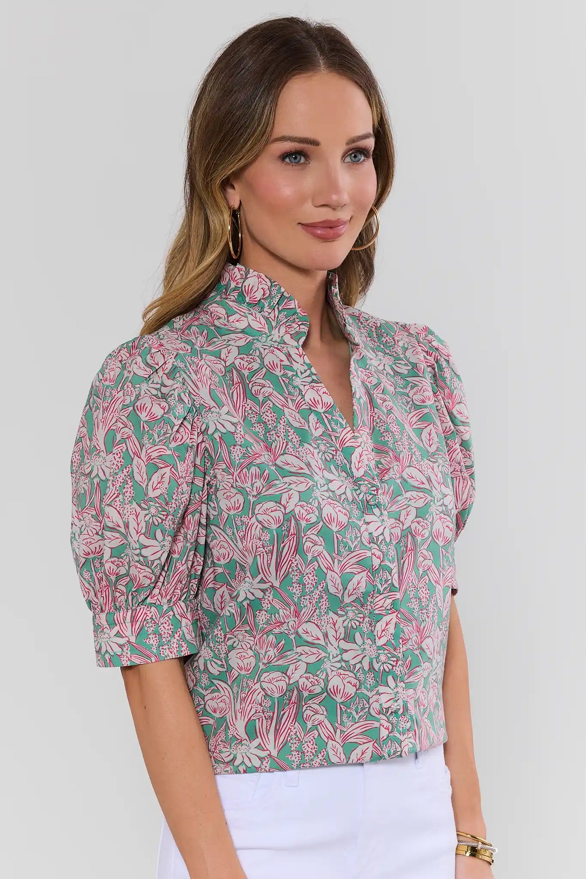 Green & pink floral button-up blouse with puff sleeves and ruffle neckline - Side View | Avara