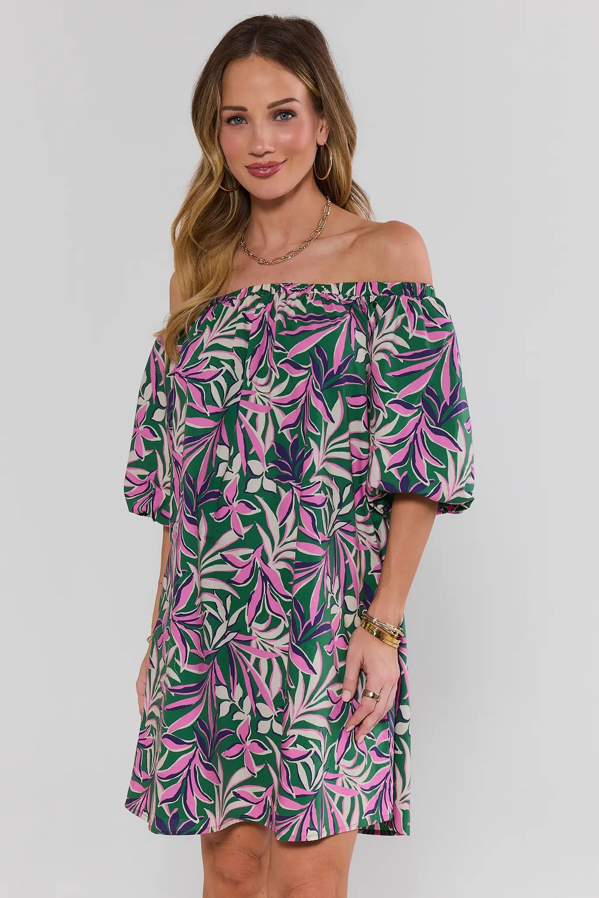 Green Palm Print Off-Shoulder Short Dress, Front View - On Model | Avara