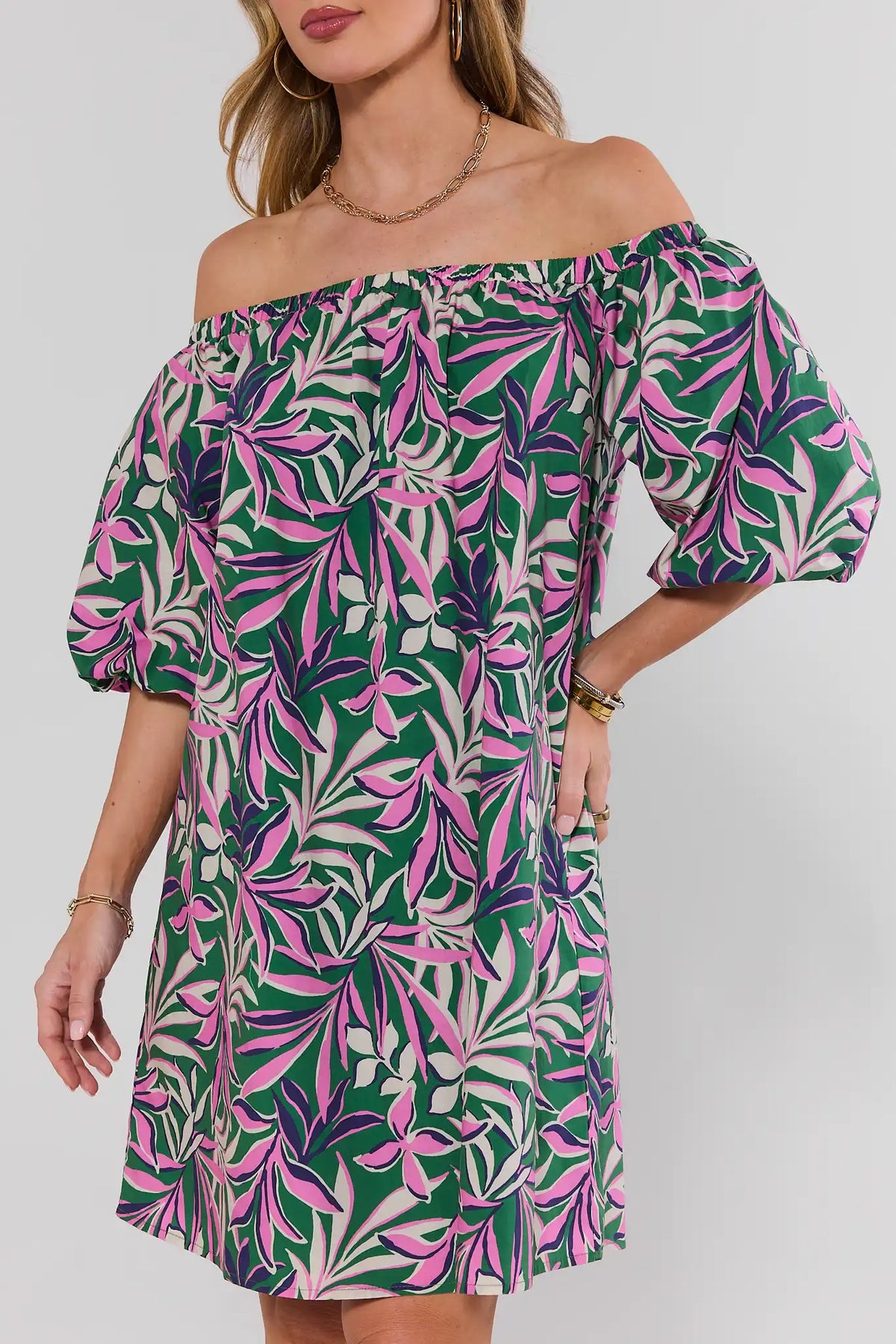 Green Palm Print Off-Shoulder Short Dress, Close-Up Bodice & Puff Sleeve Detail | Avara
