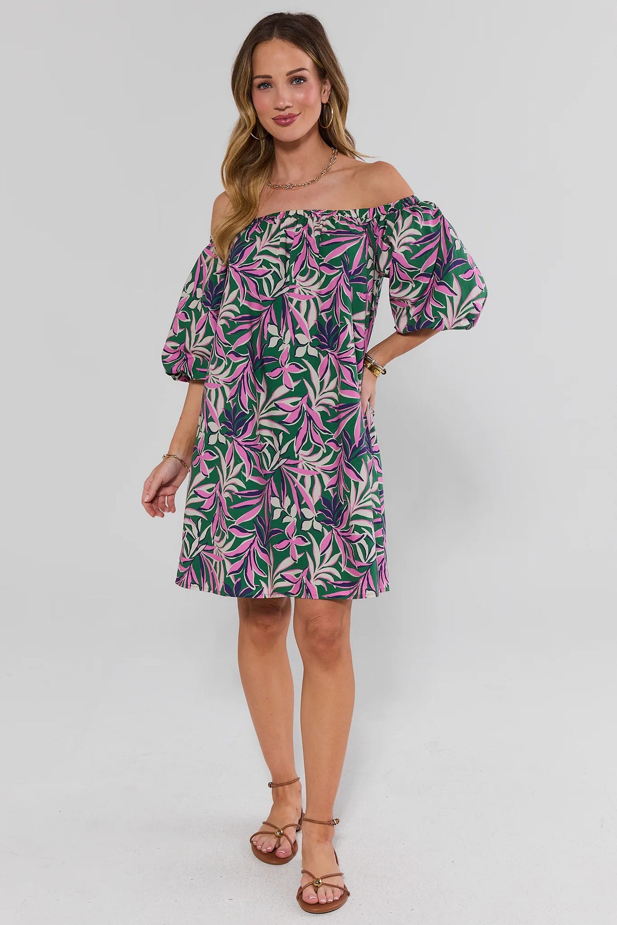 Green Palm Print Off-Shoulder Short Dress, Full-Length Back View with Sandals | Avara