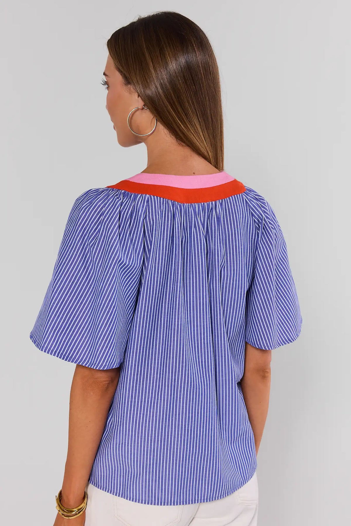 Navy Striped Split Neck Top by THML - Back View, relaxed flutter sleeve silhouette | Avara