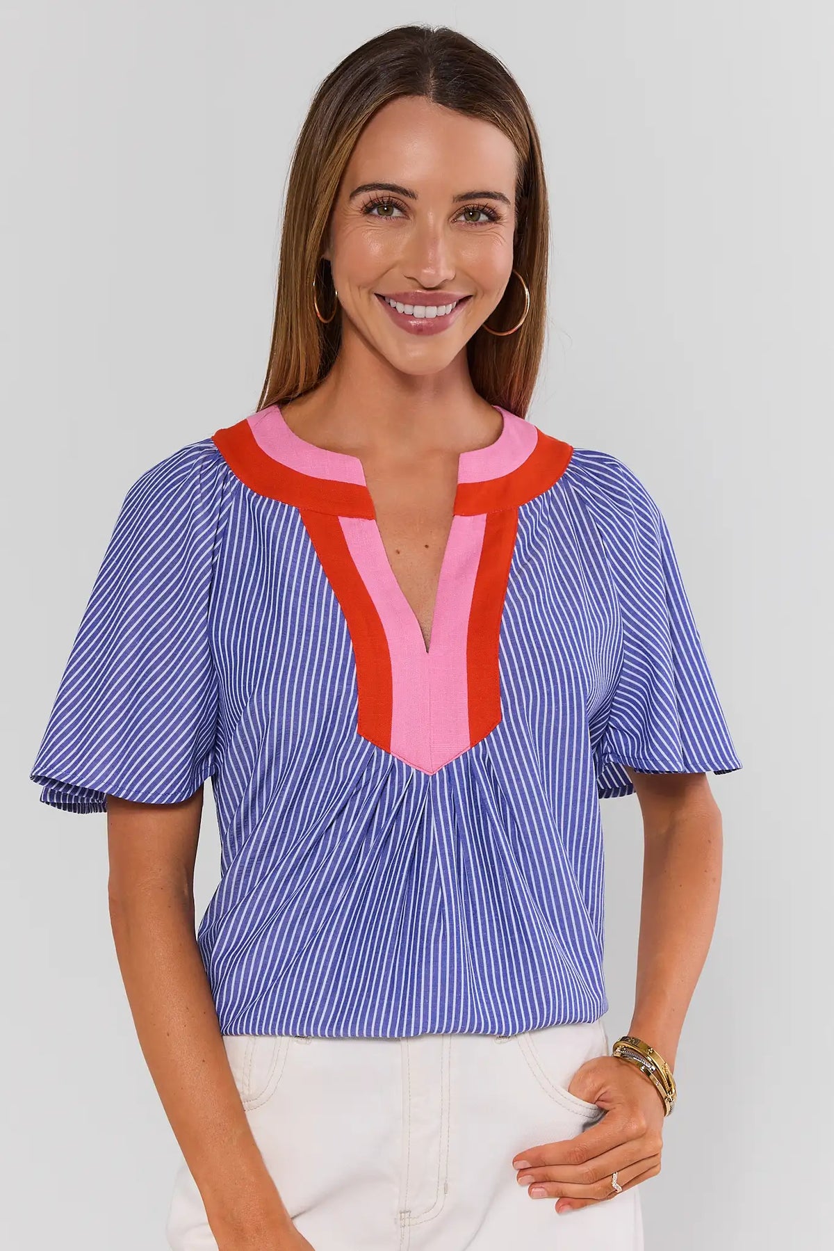 Navy Striped Split Neck Top by THML - Front View, contrast pink and red trim | Avara