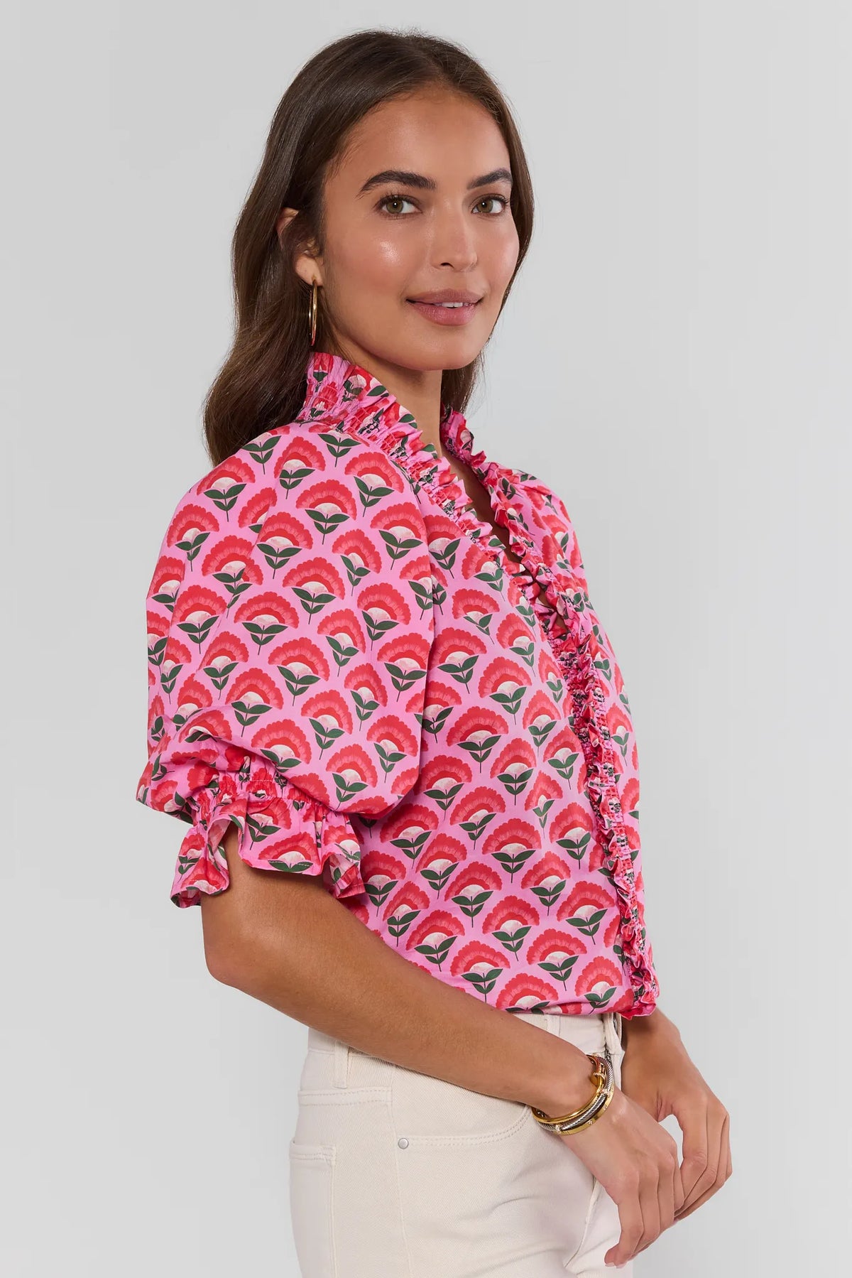 Nancy Pink Floral Printed Ruffle Top - Side View with Puff Sleeve & Ruffle Cuff | Avara