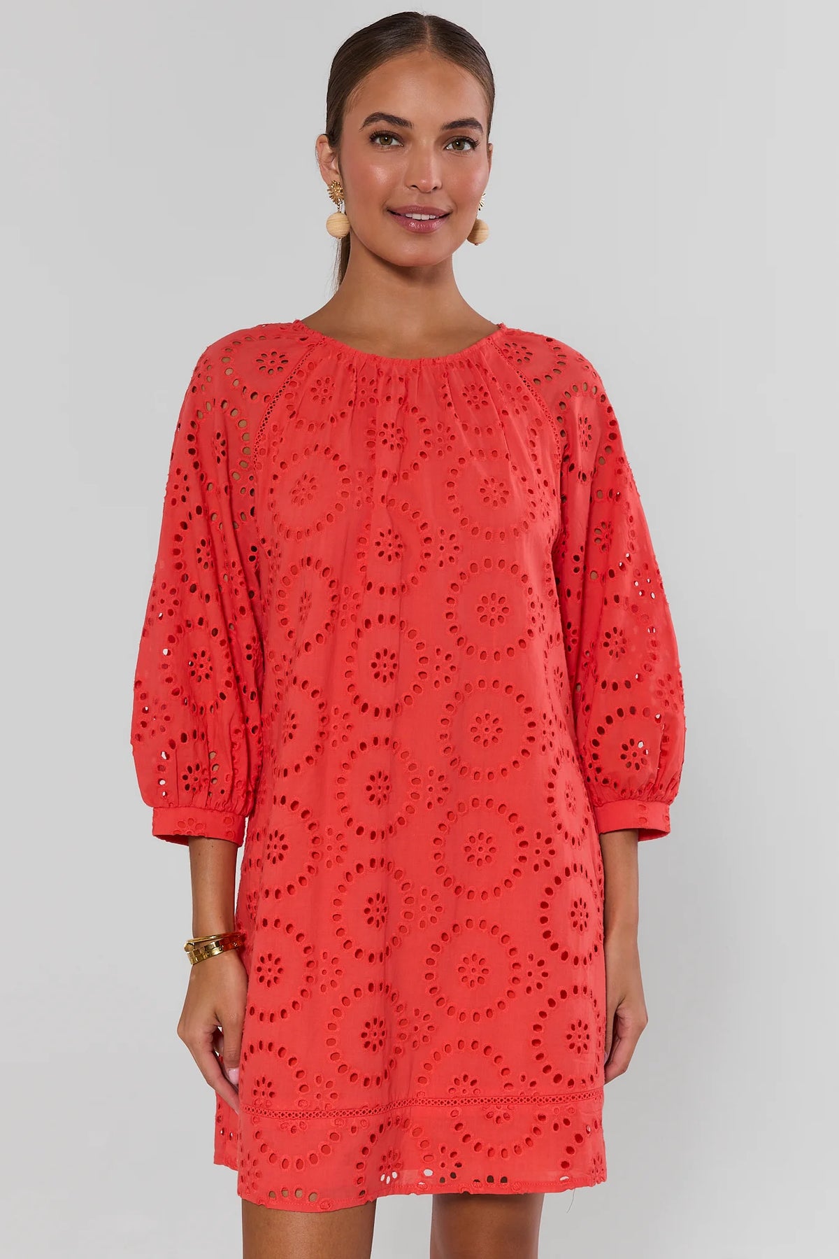 Red Eyelet Short Dress with 3/4 sleeves and round neckline - Front View | Avara