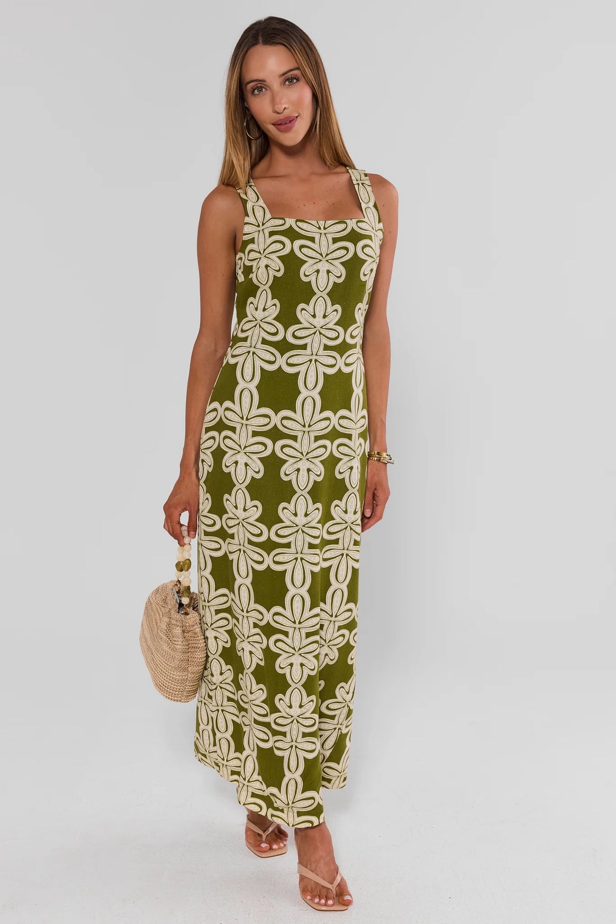 Daria Green Printed Maxi Dress - Full Length Front View, White Background, Styled with Straw Bag | Avara