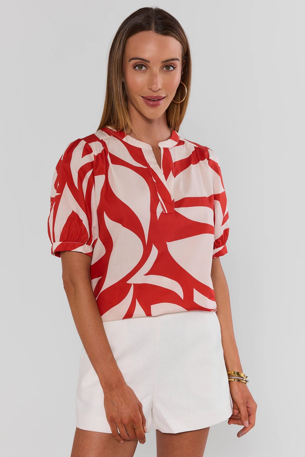 Jess Red Printed Puff Sleeve Top worn with white shorts, front view, cute top for women | Avara