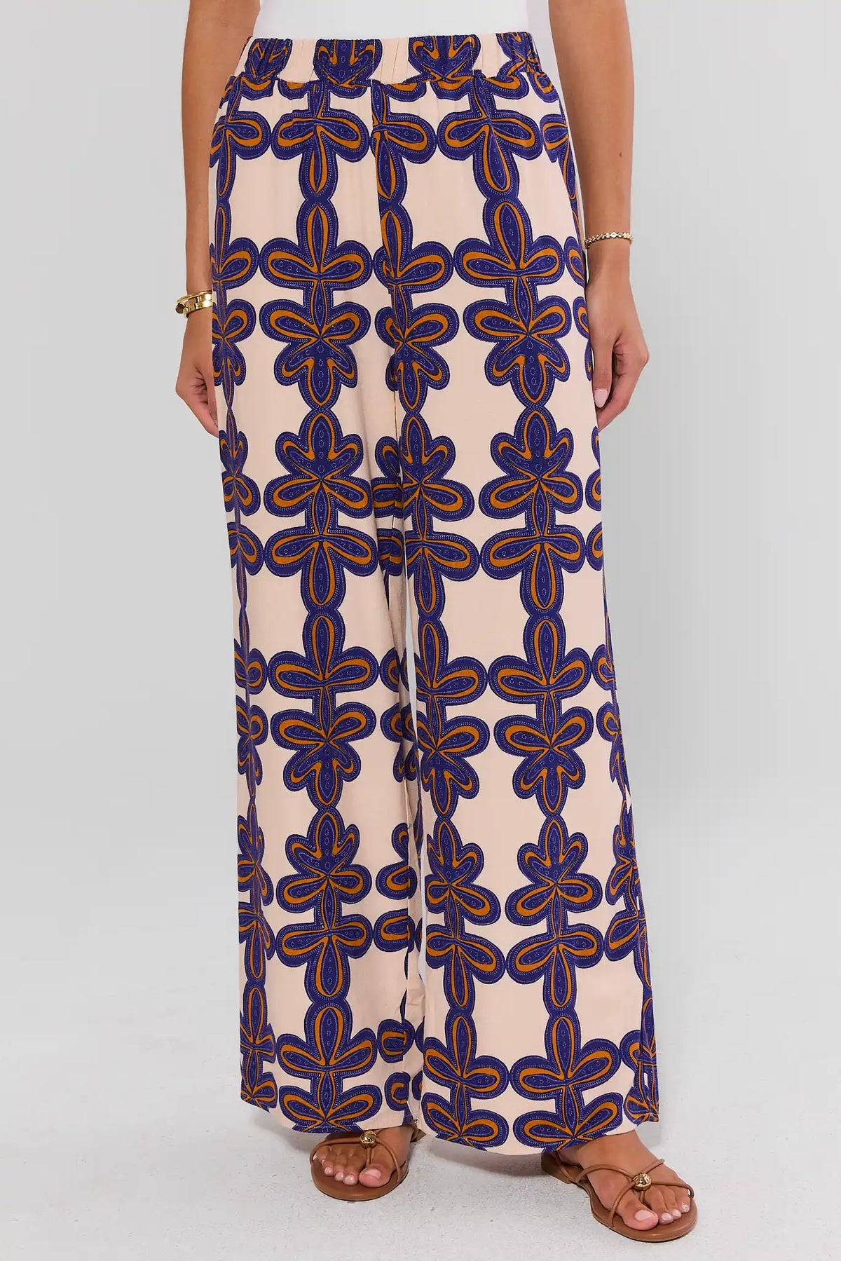 Cecilia Ivory Abstract Print Wide Leg Pants with elastic waist - Front Close-Up View | Avara