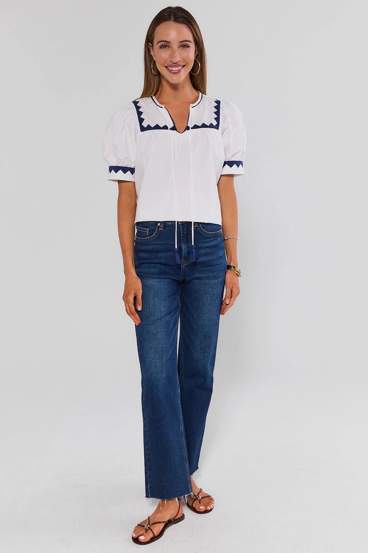 White Embroidered Puff Sleeve Top full-length front view with wide-leg jeans and sandals | Avara