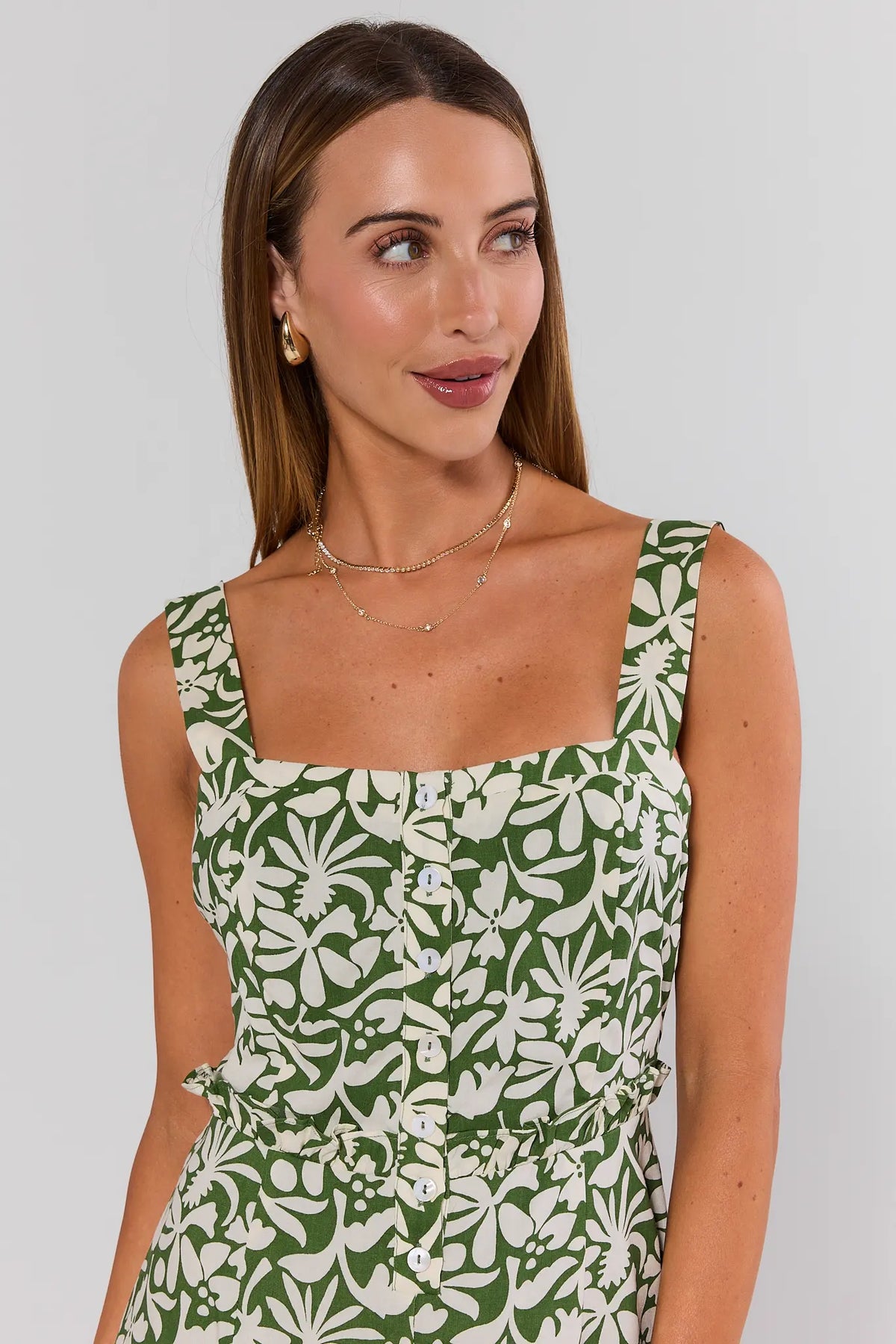 Green floral short dress square neckline and button-front detail close-up | Avara