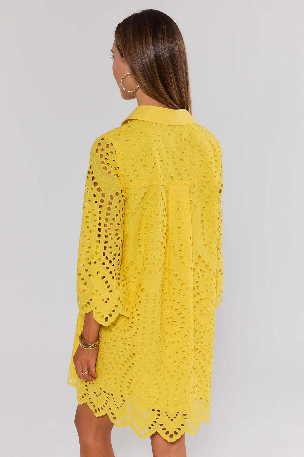 Yellow Eyelet Mini Dress scalloped hem and 3/4 sleeves - Back View | Avara