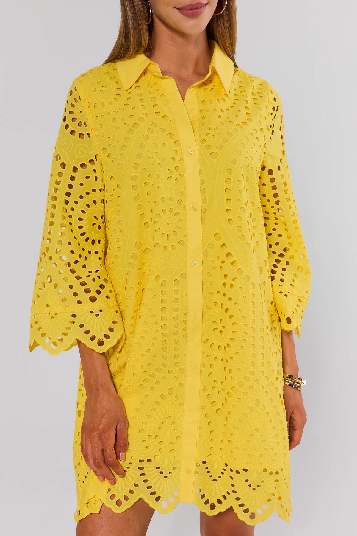 Yellow eyelet dress womens button-front with scalloped sleeves - Close-Up Detail | Avara