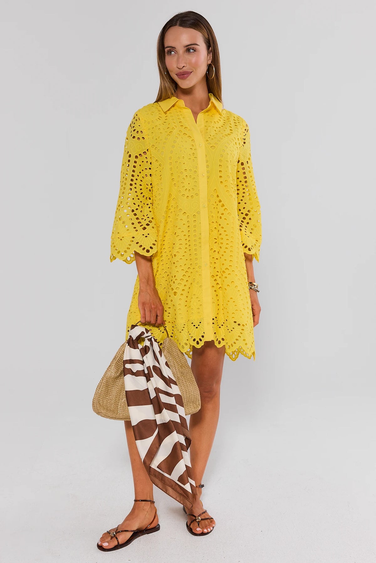 Yellow Eyelet Mini Dress styled with straw bag and sandals - Full Length Styled Look | Avara