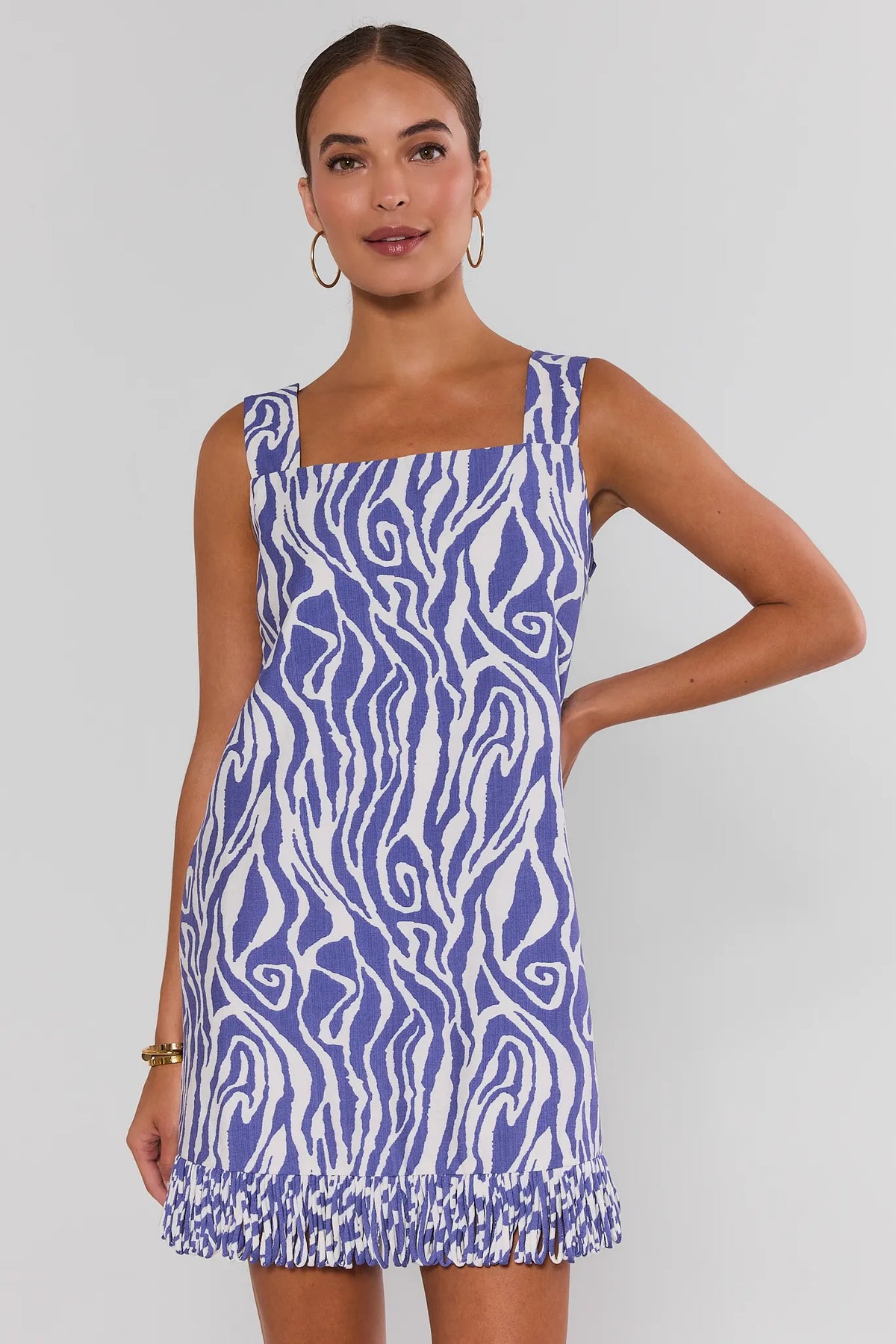 Blue Zebra Print Mini Dress square neck wide straps looped fringe hem - Front View On Model | Avara