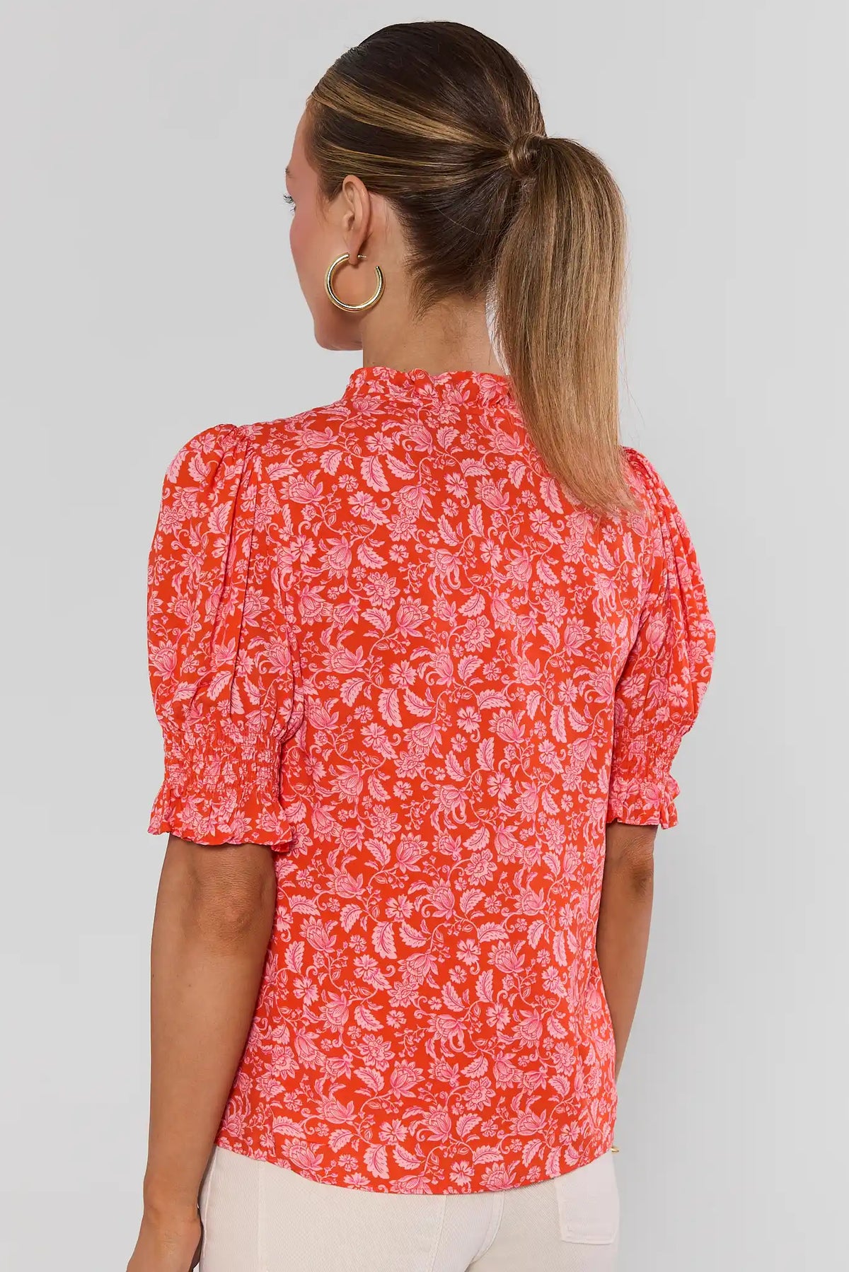 Orange Floral Printed Puff Sleeve Top - Back View On Model | Avara
